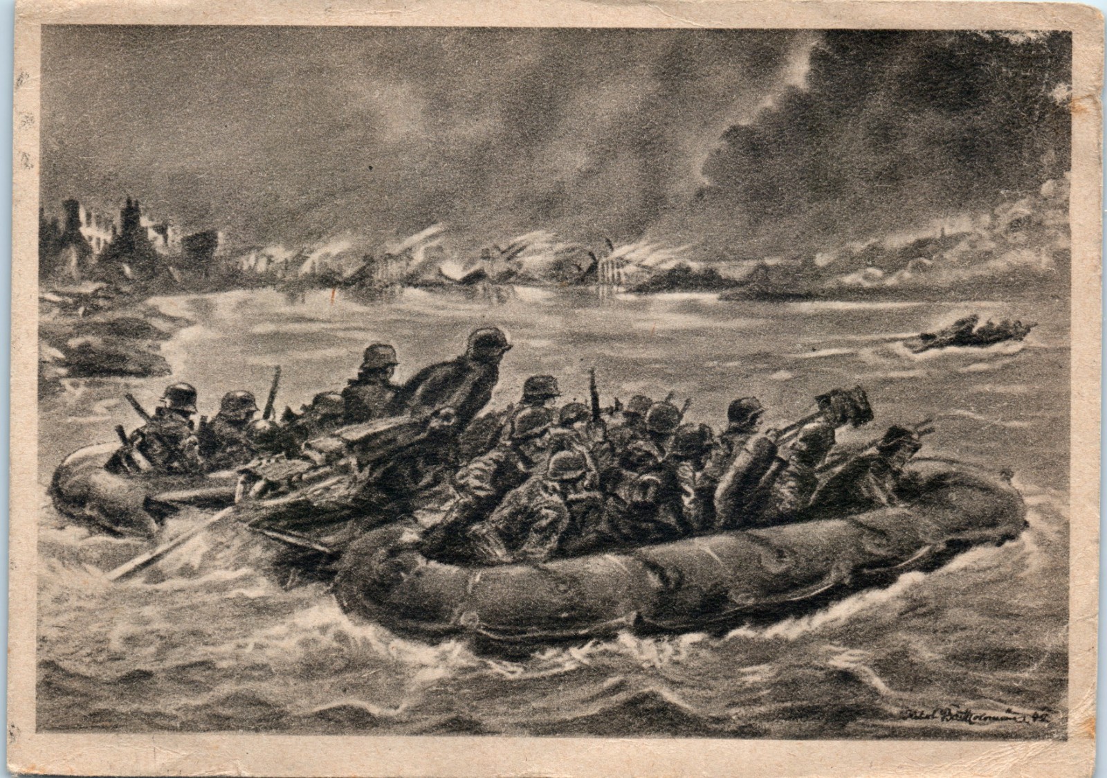 Vintage Postcard WWII German Soldiers River Crossing Inflatable Boats