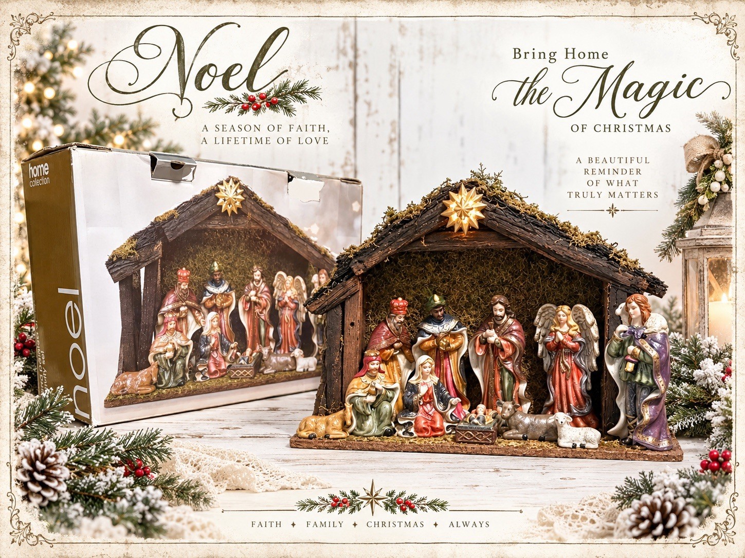 VTG Nativity Set 11 Piece Hand Painted W/ Glitter & Lighted Wooden Stable W/ Box