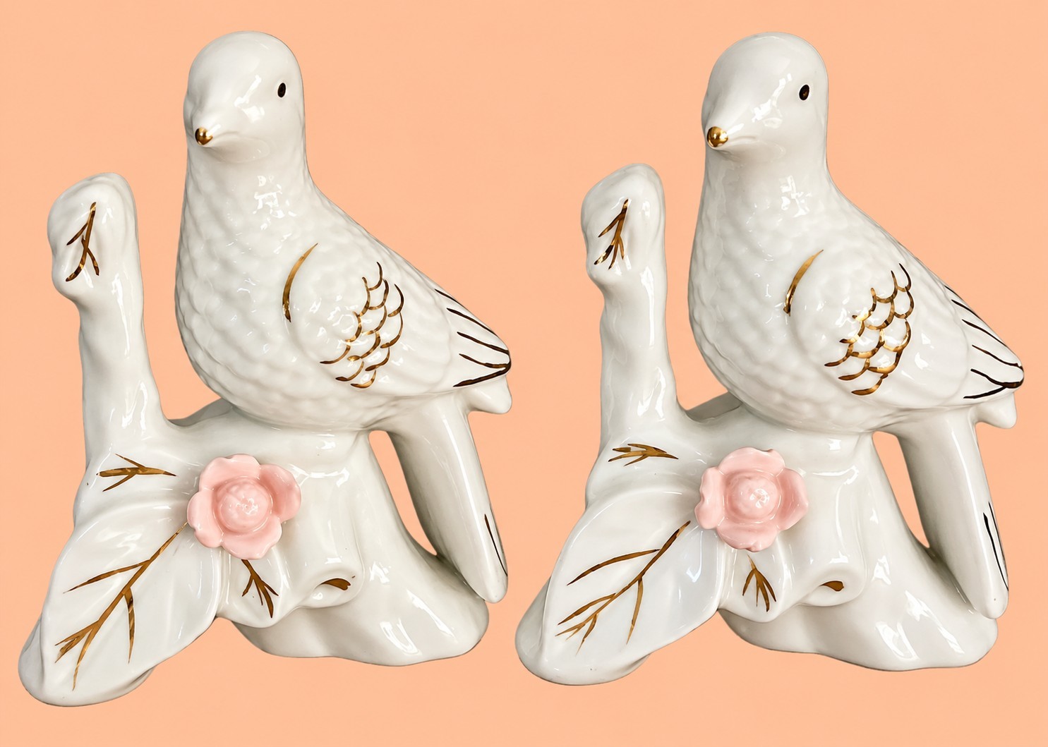 Vintage Porcelain Dove Bird Figurines Pair Gold Accents Pink Roses Made in China