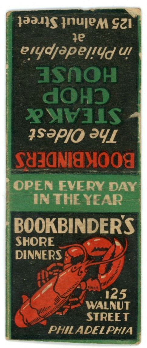 Bookbinder\'s The Oldest Steak Chop House Philadelphia PA Vintage Matchbook 1940s