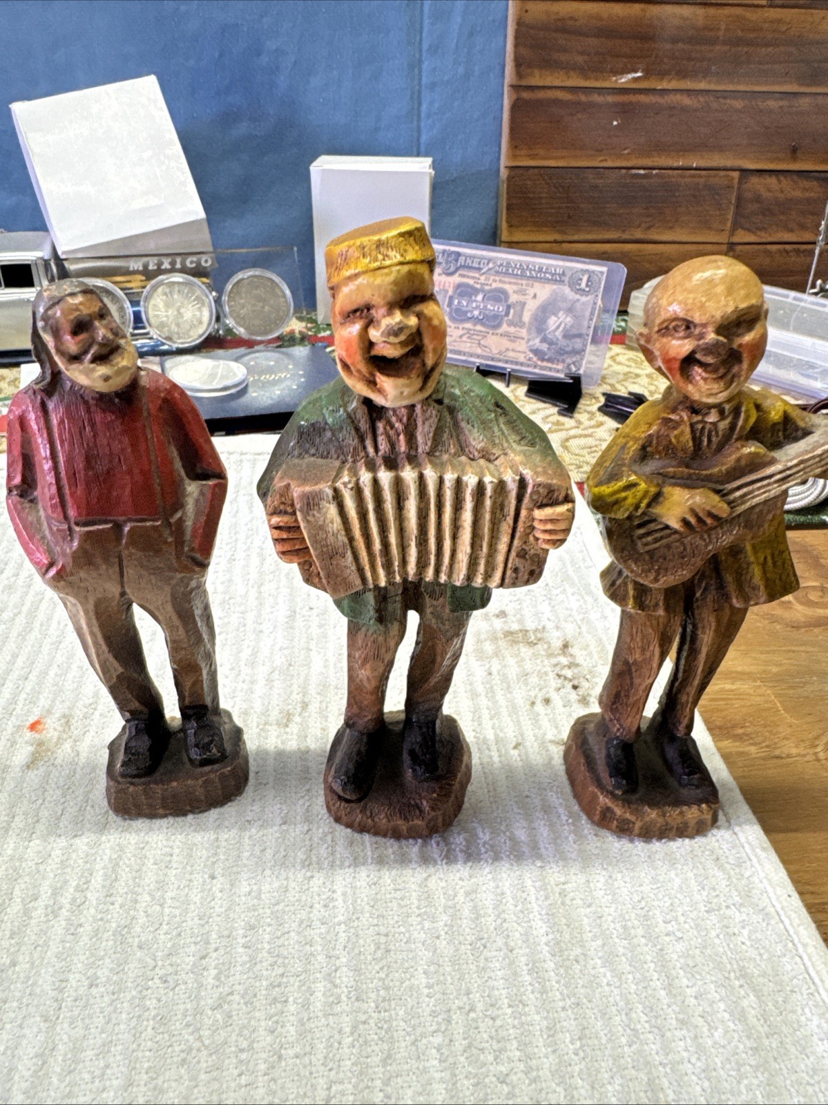 Set of 3 Antique Hand Carved Wood Old Man With Hands In Pockets Heavy Wood