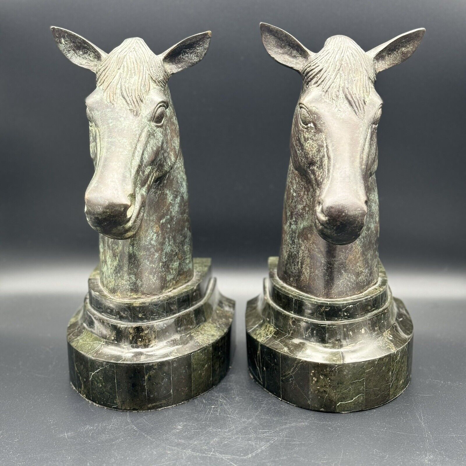Maitland Smith Marable & Bronze Horse Form Book End Set Art Sculpture Equestrian