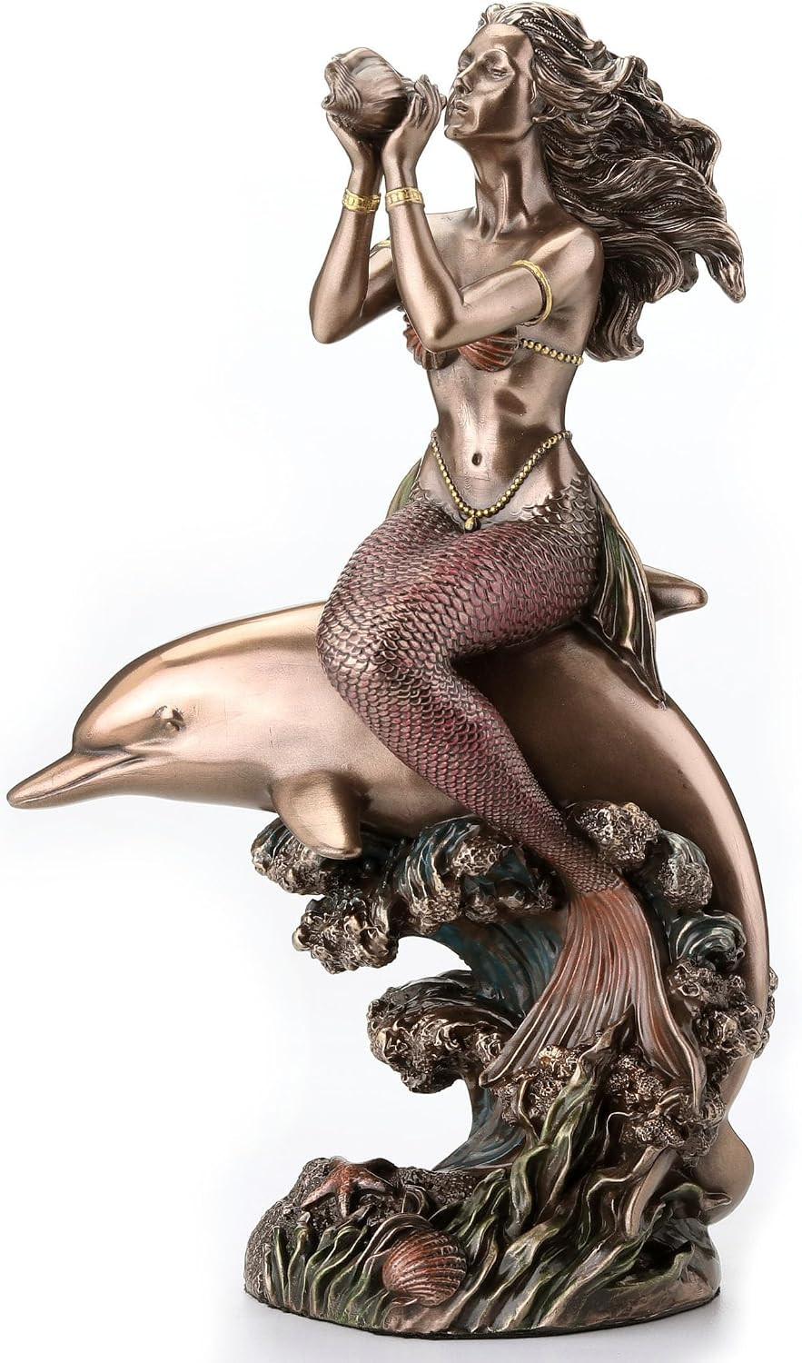 8 1/4 Inch Mermaid on the Back of a Dolphin Cold Cast Resin Bronze Finish Sculpt