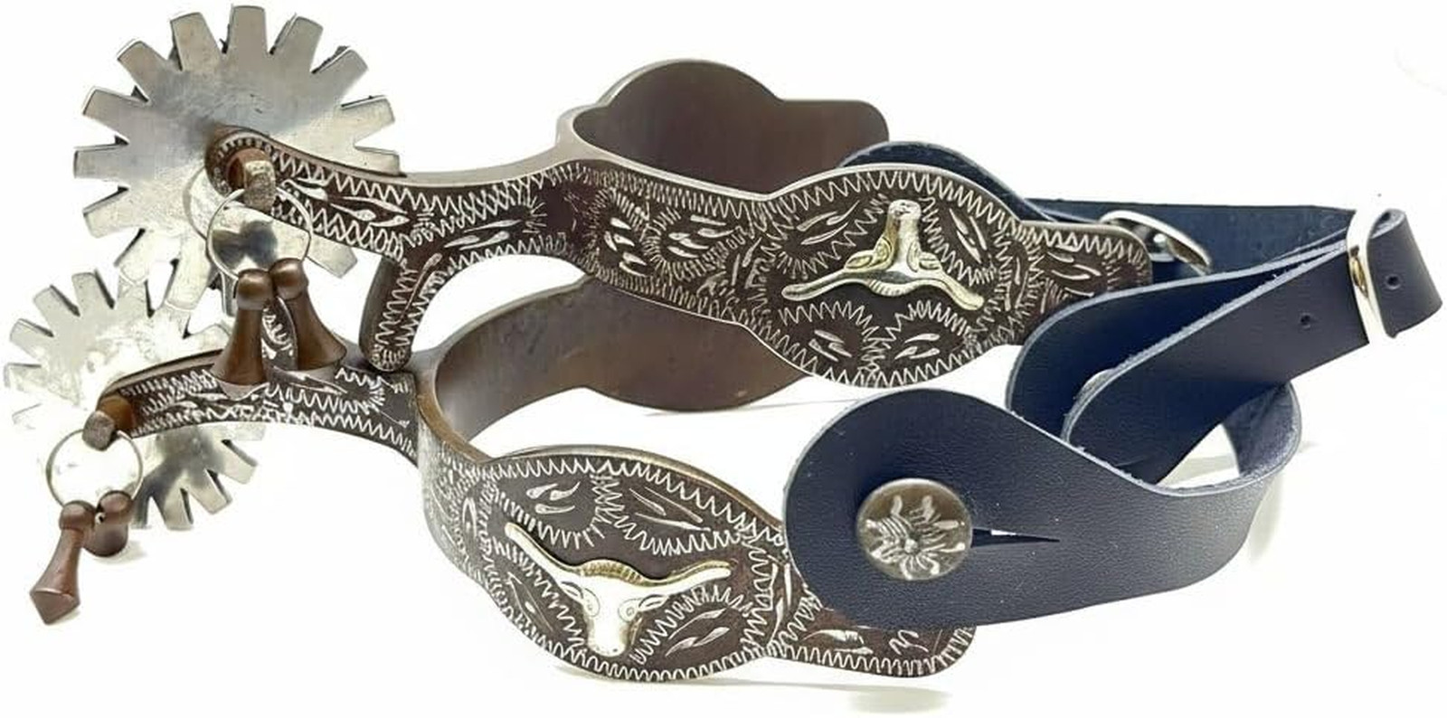 Western Cowboy Spurs with Straps Set - German Silver Engraved Trims Low Carbon S