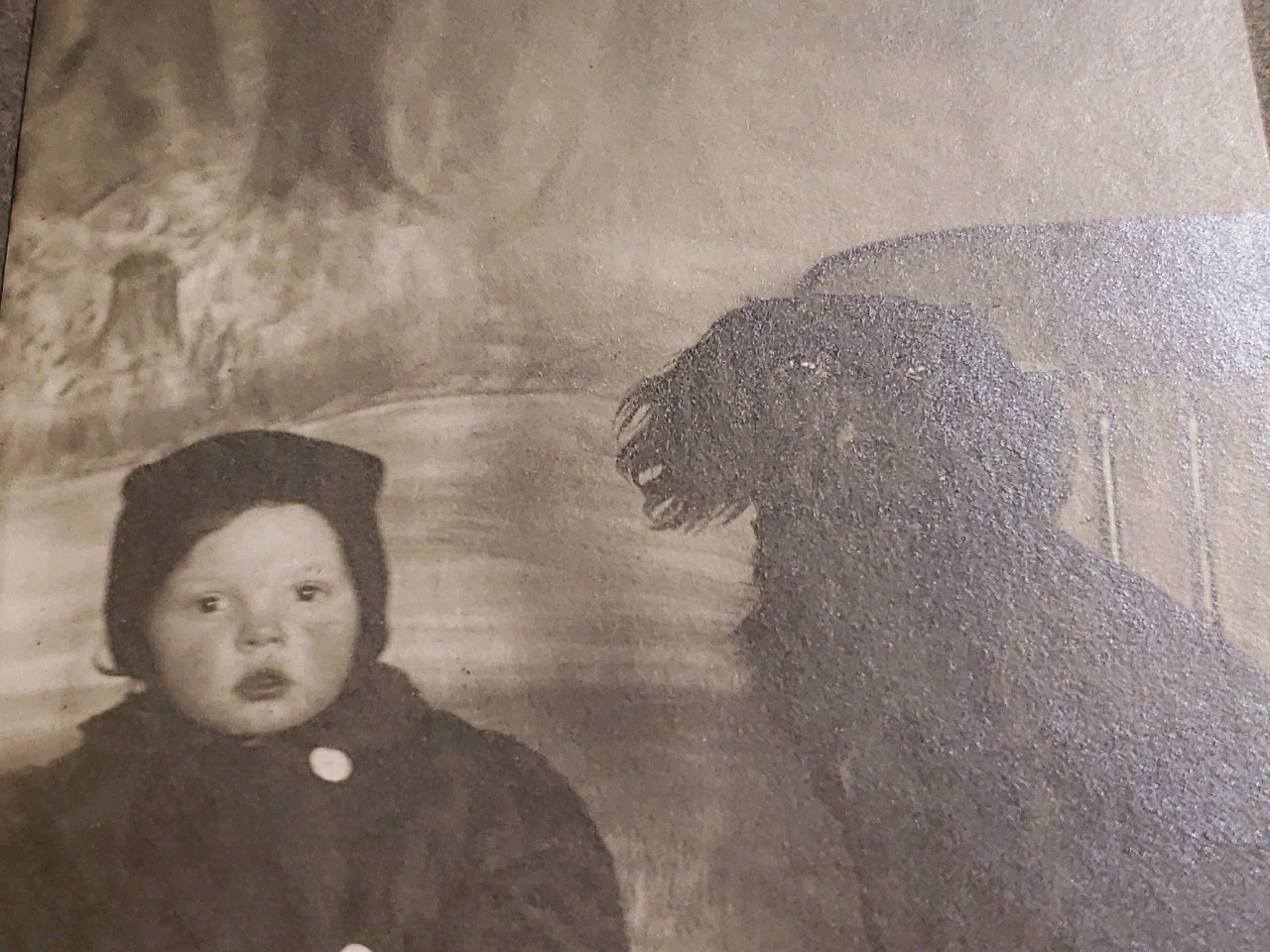 Antique 1900s Edwardian Photo Grey Cardboard Mount Toddler Bonnet Spaniel Dog