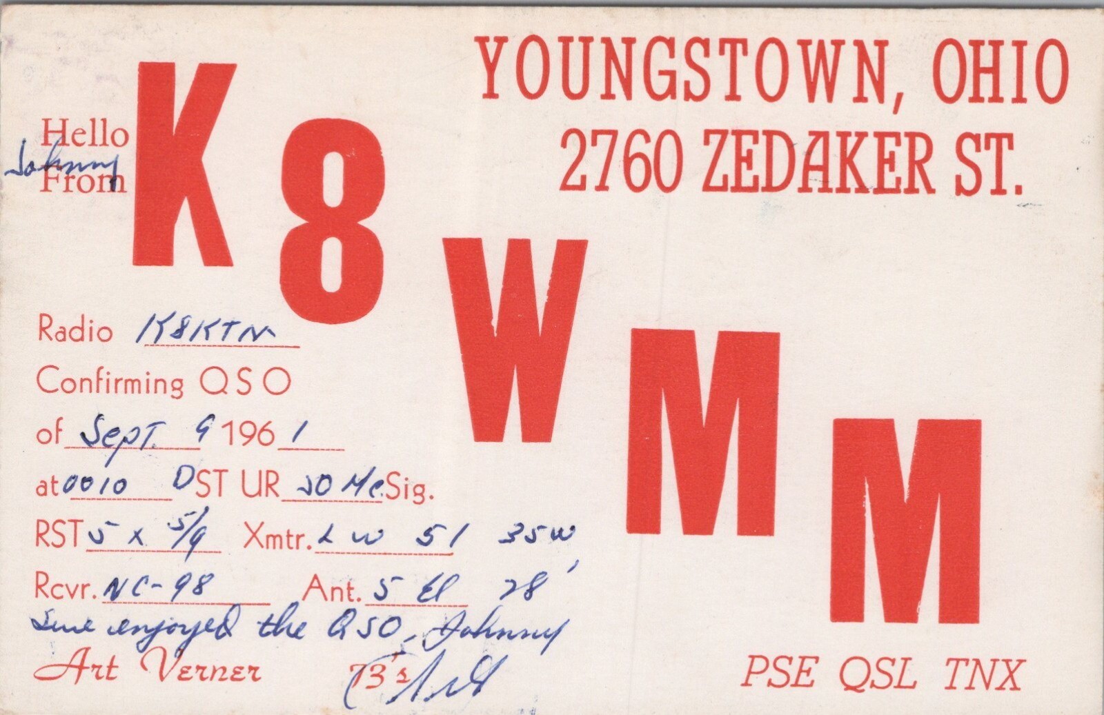 vintage amateur ham radio QSL postcard K8WMM Art Verner 1961 Youngstown Ohio