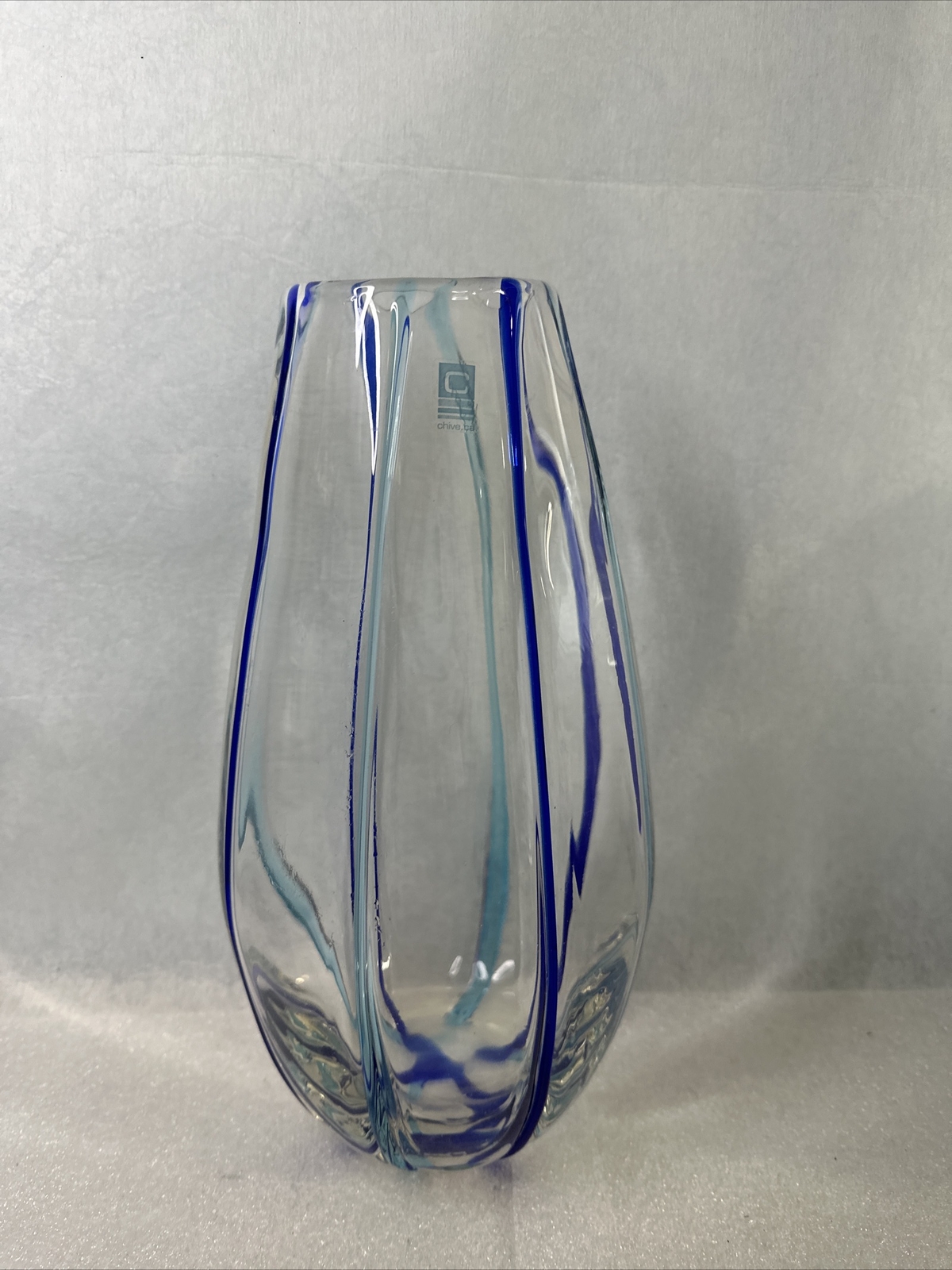 Hand Blown Art Glass Flower Vase Clear Cobalt Blue light blue Rods Tall Chive.ca