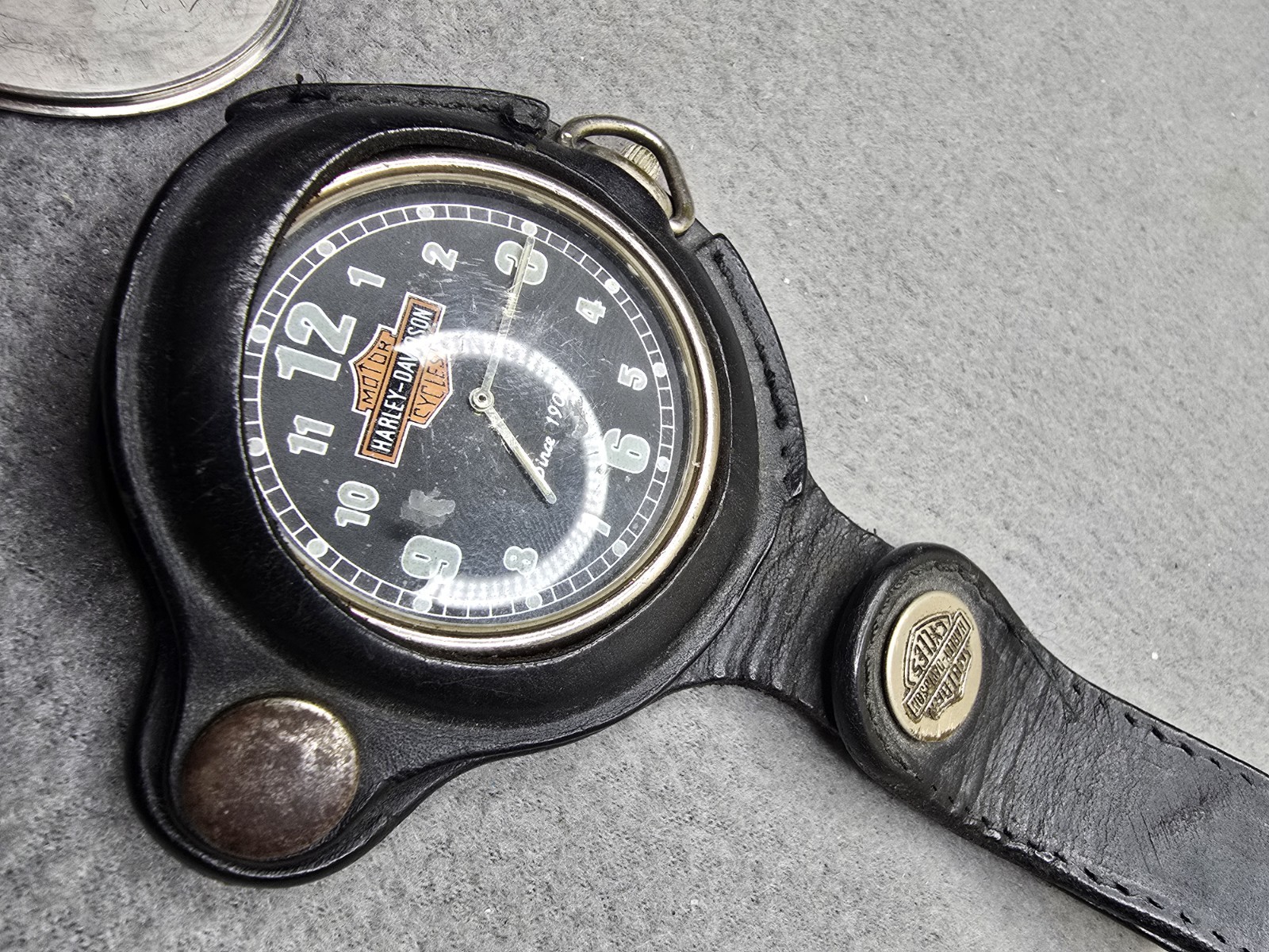 Vintage Harley Davidson Swiss Mov\'t Pocket Watch - Leather Holder, Needs Battery
