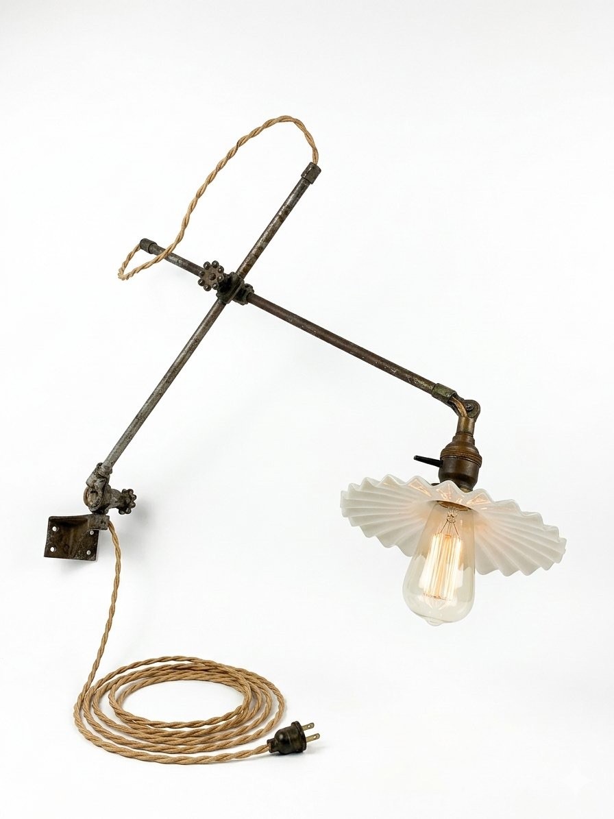 Vintage O.C White wall lamp with milk glass shade. Industrial 