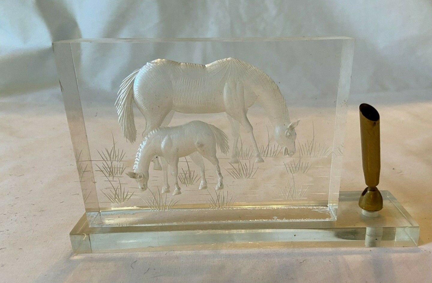 Vintage Carved etched Acrylic Block Desk Accessory Pen Holder Horse Theme
