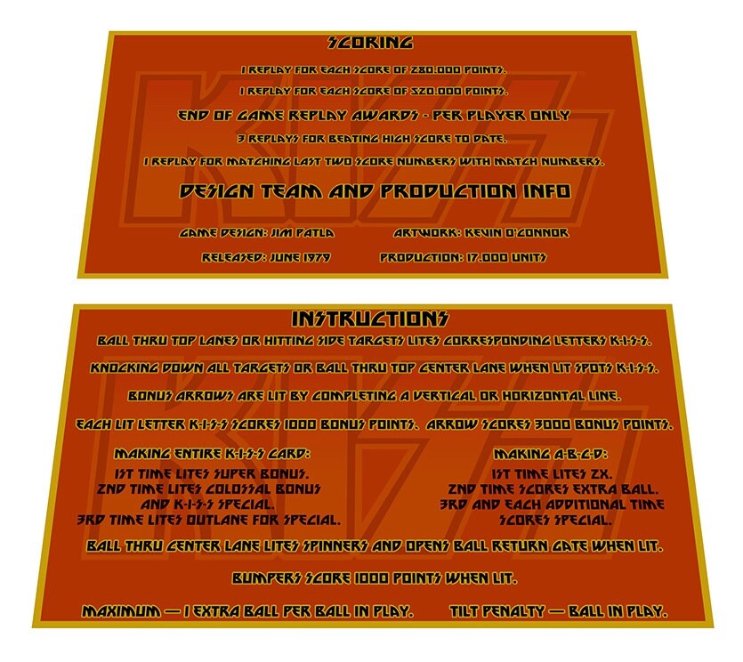 Bally Kiss Pinball Custom Apron Instruction Cards Hi Resolution