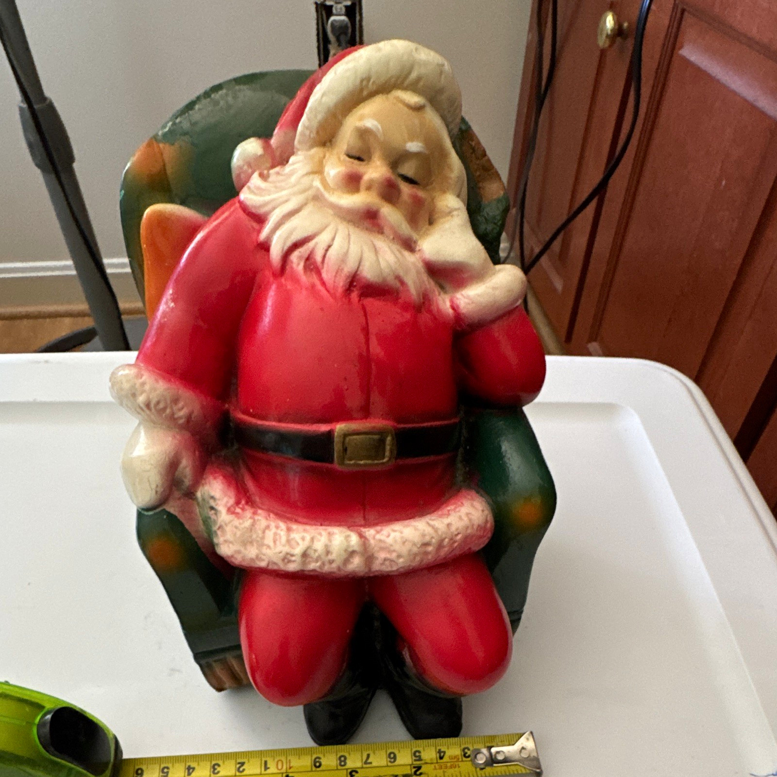 Santa Claus Sitting Chair Ceramic Coin Bank Red & Green Holiday Figurine