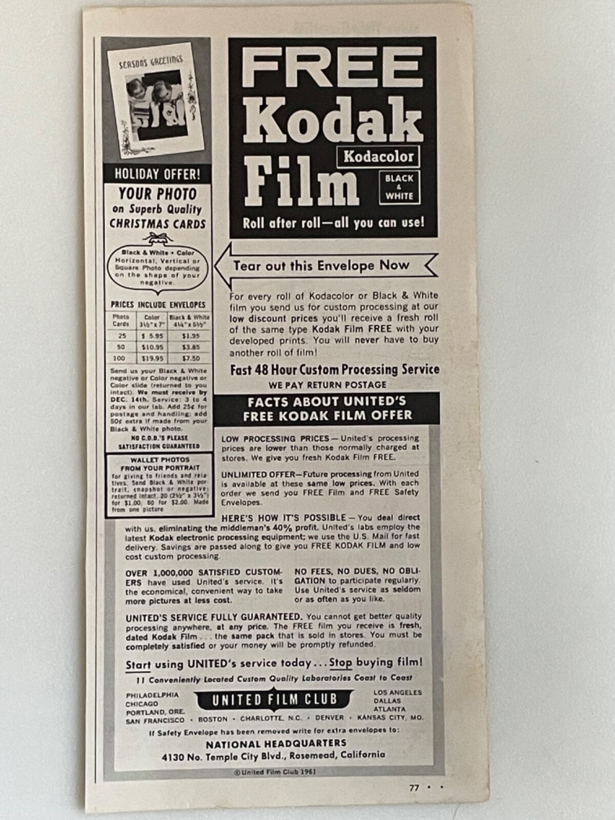 Vintage 1961 United Film Club Print Ad with Small Print Ads on Reverse