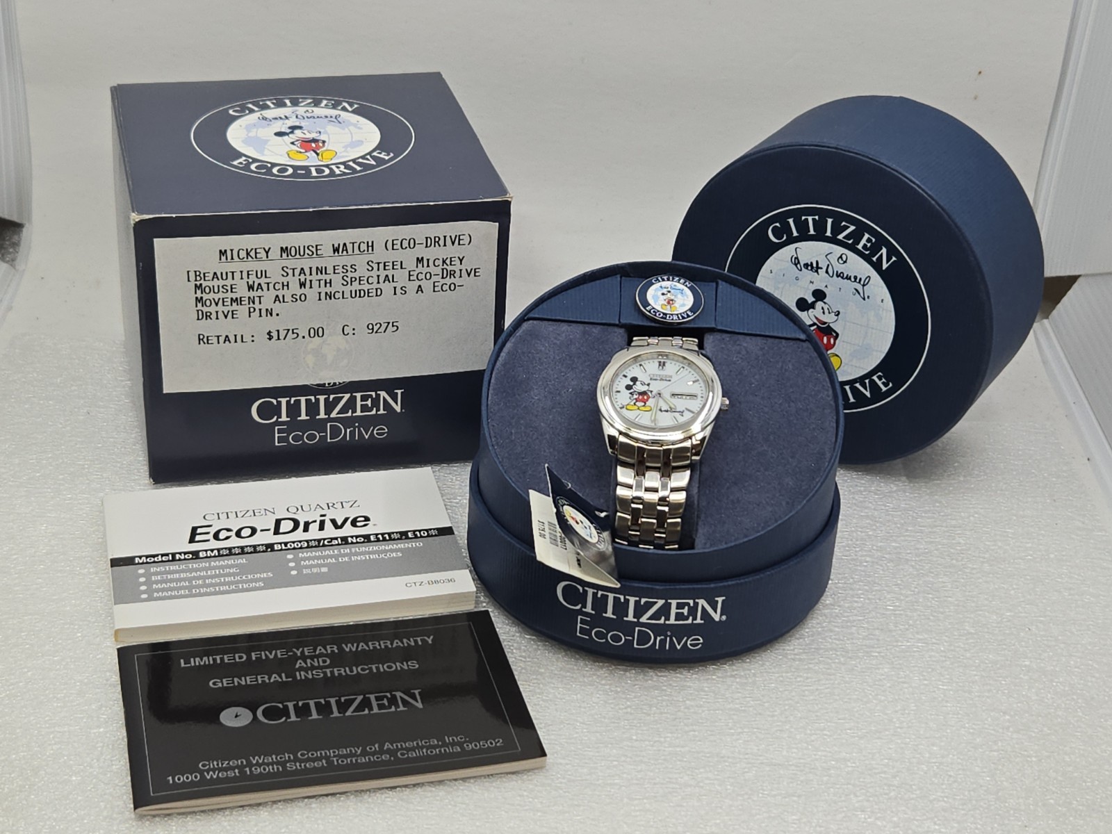 Citizen Eco-Drive Disney Mickey Mouse Watch BM8220-51C Full Box Set W/Pin Works