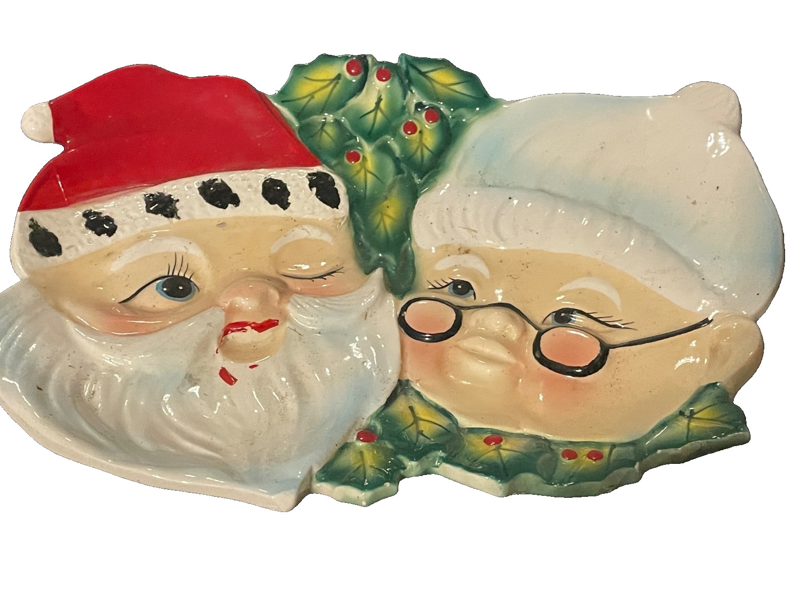 Vintage 50s  Lefton Mr Mrs Claus Holly ceramic Leaf Plate Cookie Dish spoon rest