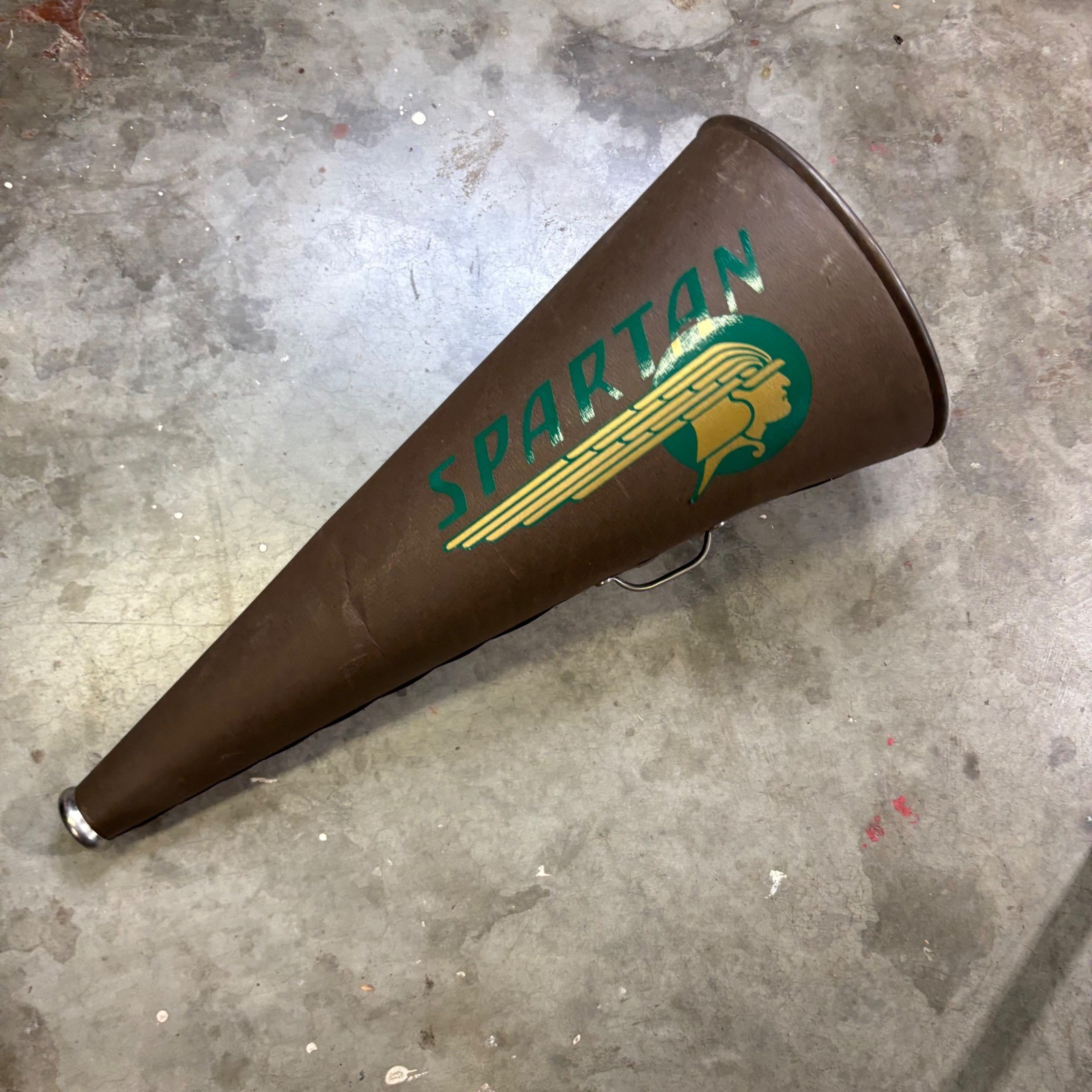 Vintage Spartan Cheerleading Megaphone Brown Green Gold 25 Inch Large Retro
