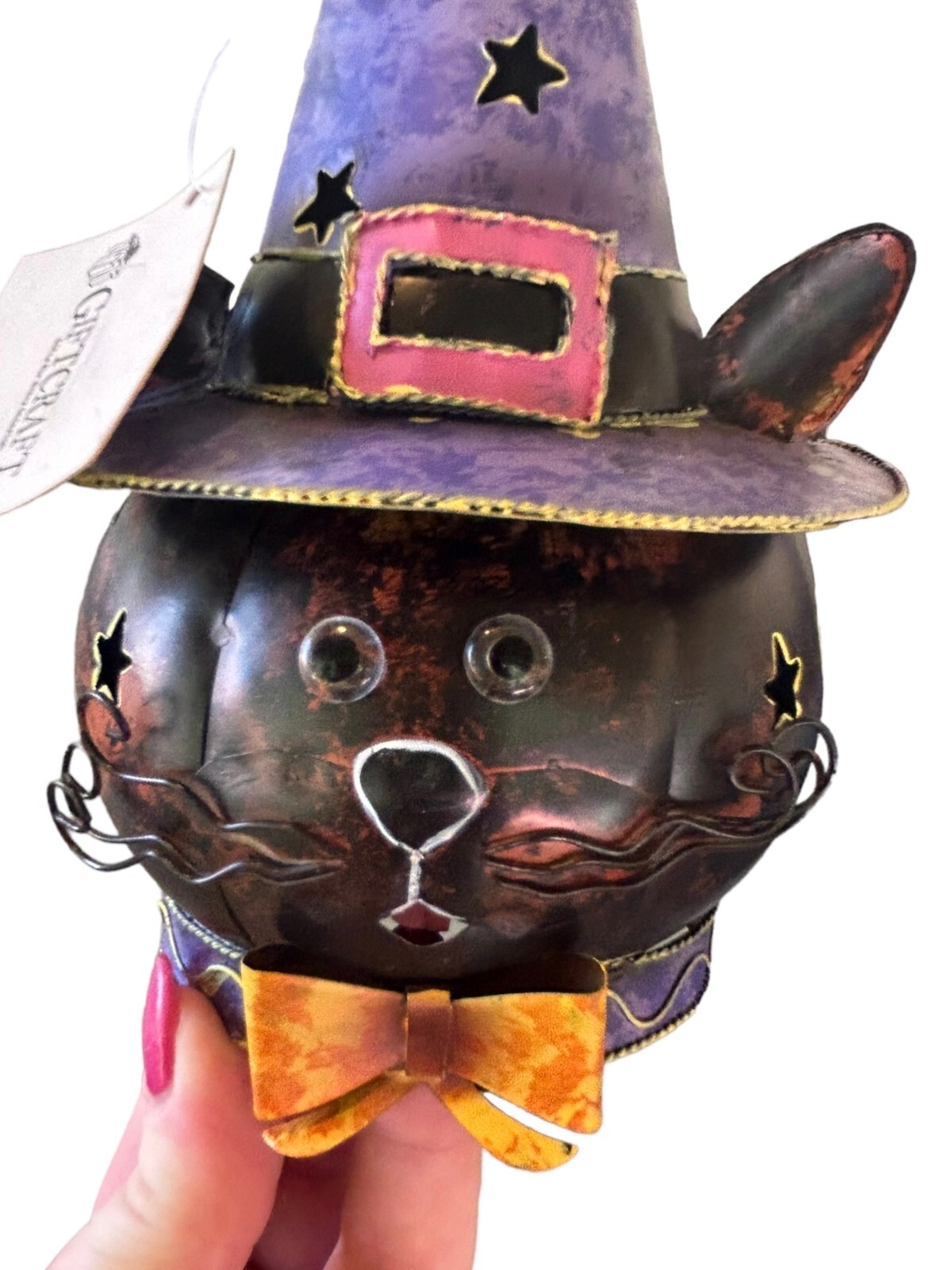 Giftcraft Halloween Black Cat Witch Hat Tin Tea Light Retro Home 5.5