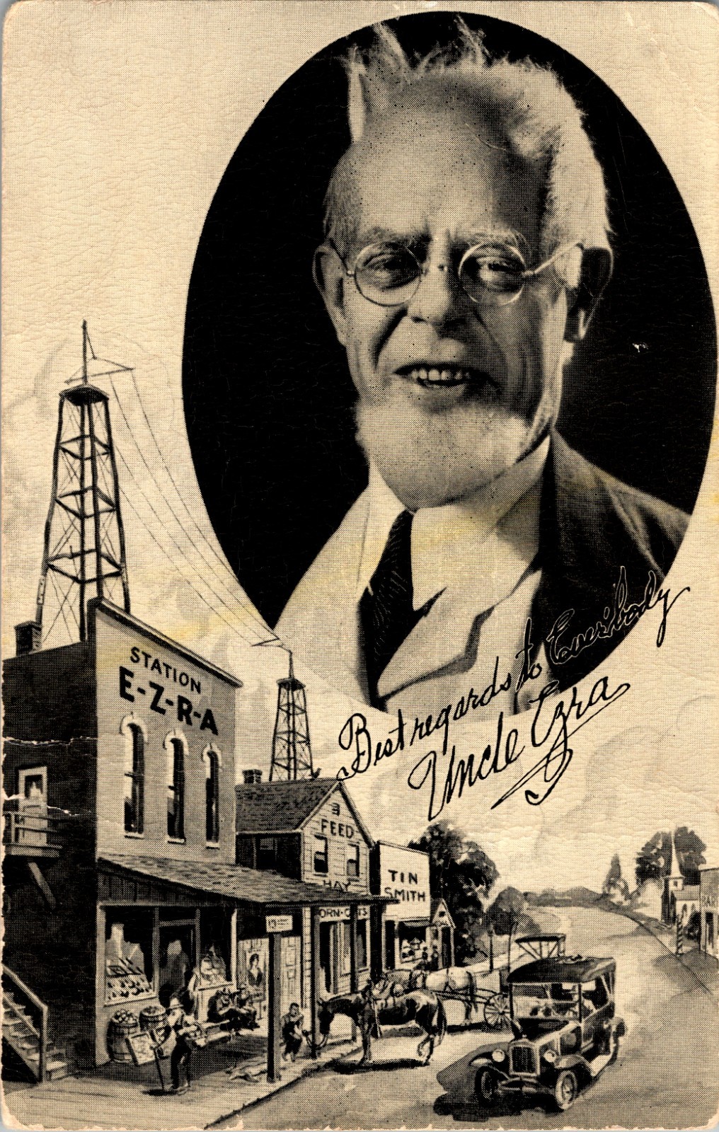 1930s Uncle Ezra Pat Barrett Radio Postcard Station E-Z-R-A Alka Seltzer WLS