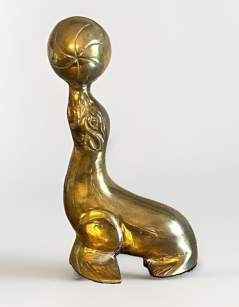 Vintage Large Solid Brass Sea Lion With Ball 