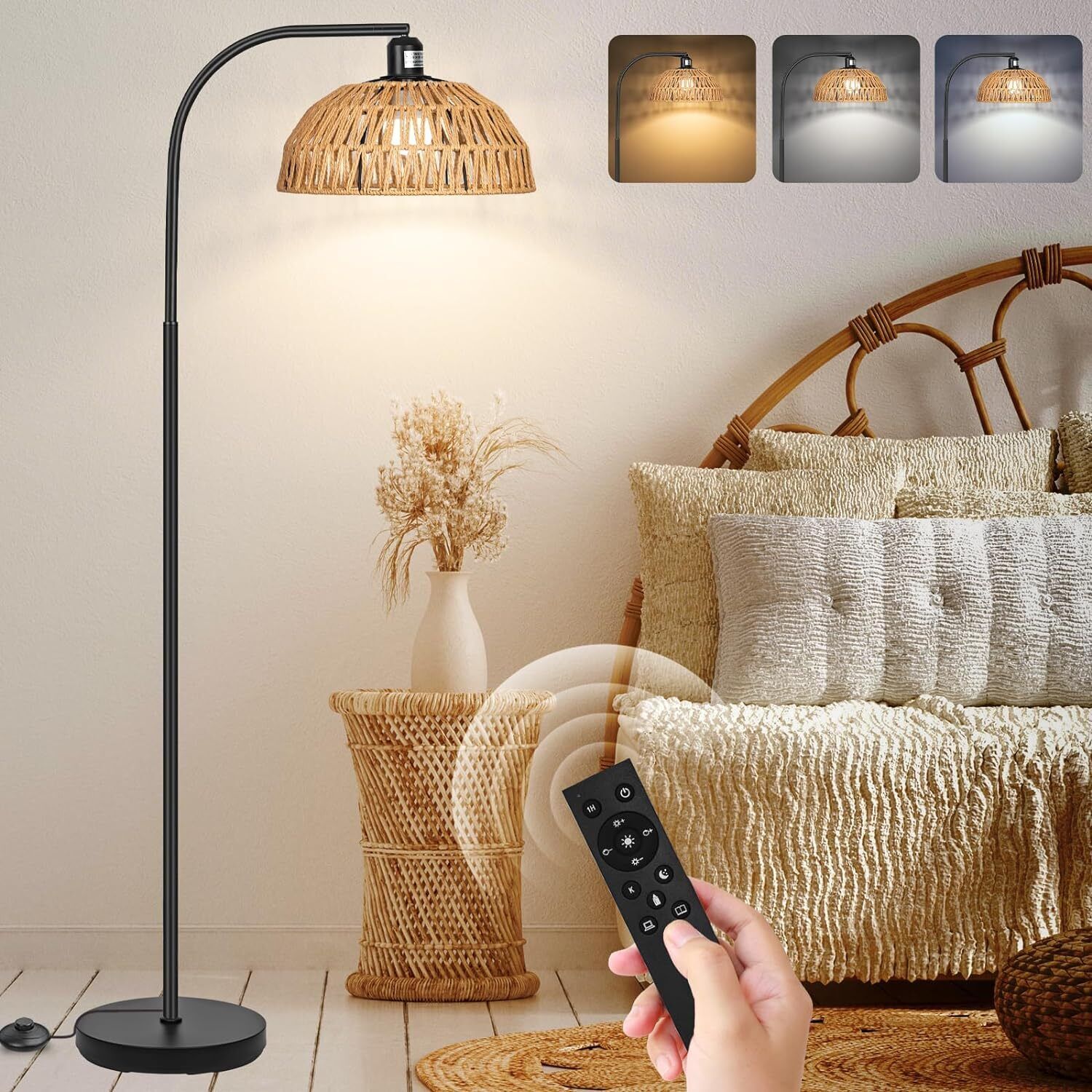 Rattan Floor Lamp Modern Black Standing Floor Lamps with Remote Control Bohemian