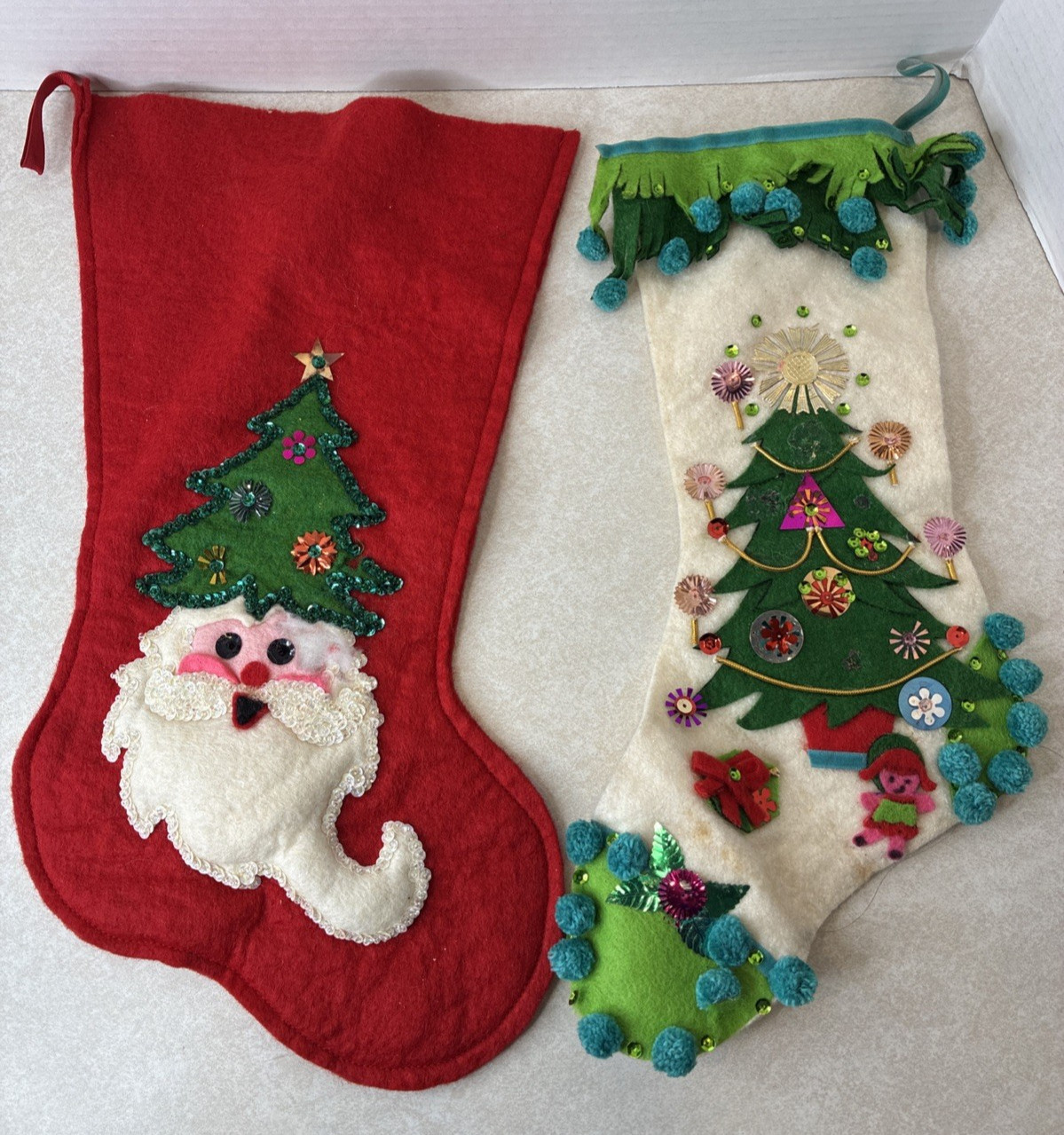 2 Vintage Felt Christmas Stocking Bead Sequin Handmade Retro Tree Applique 1970s