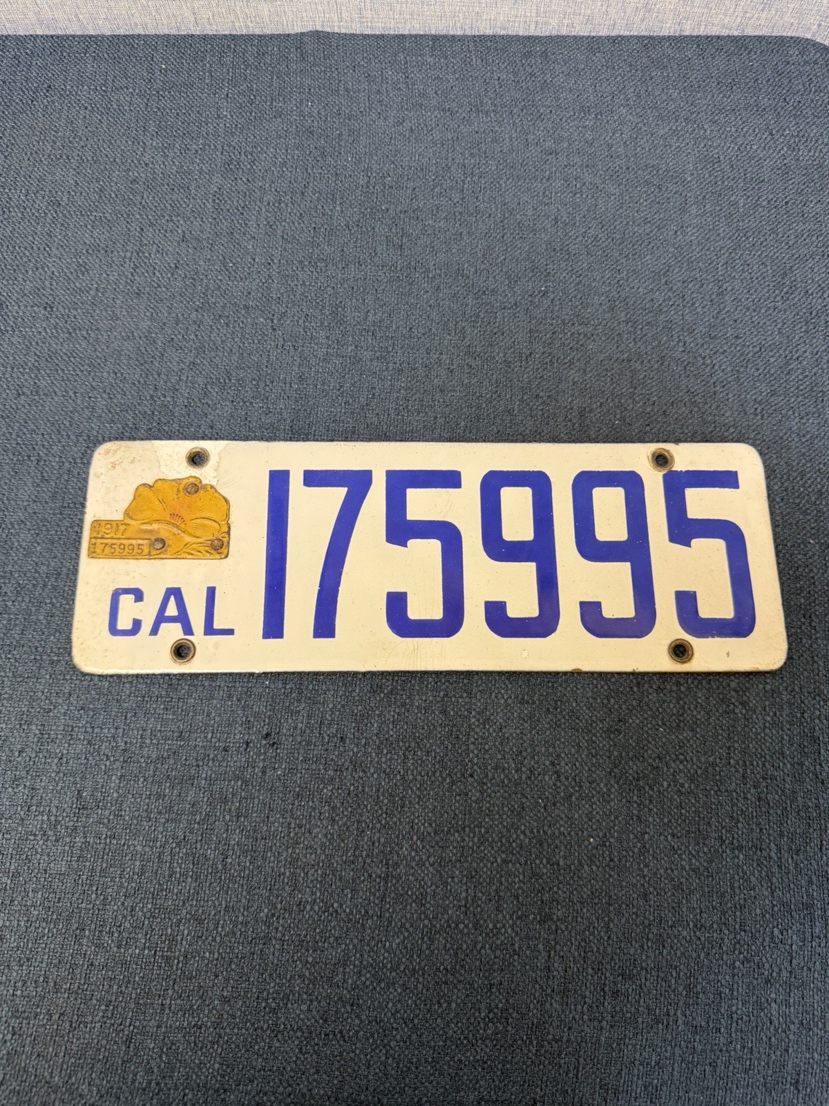Vintage 1917 California License Plate 175995 W Poppy Registration Tab
