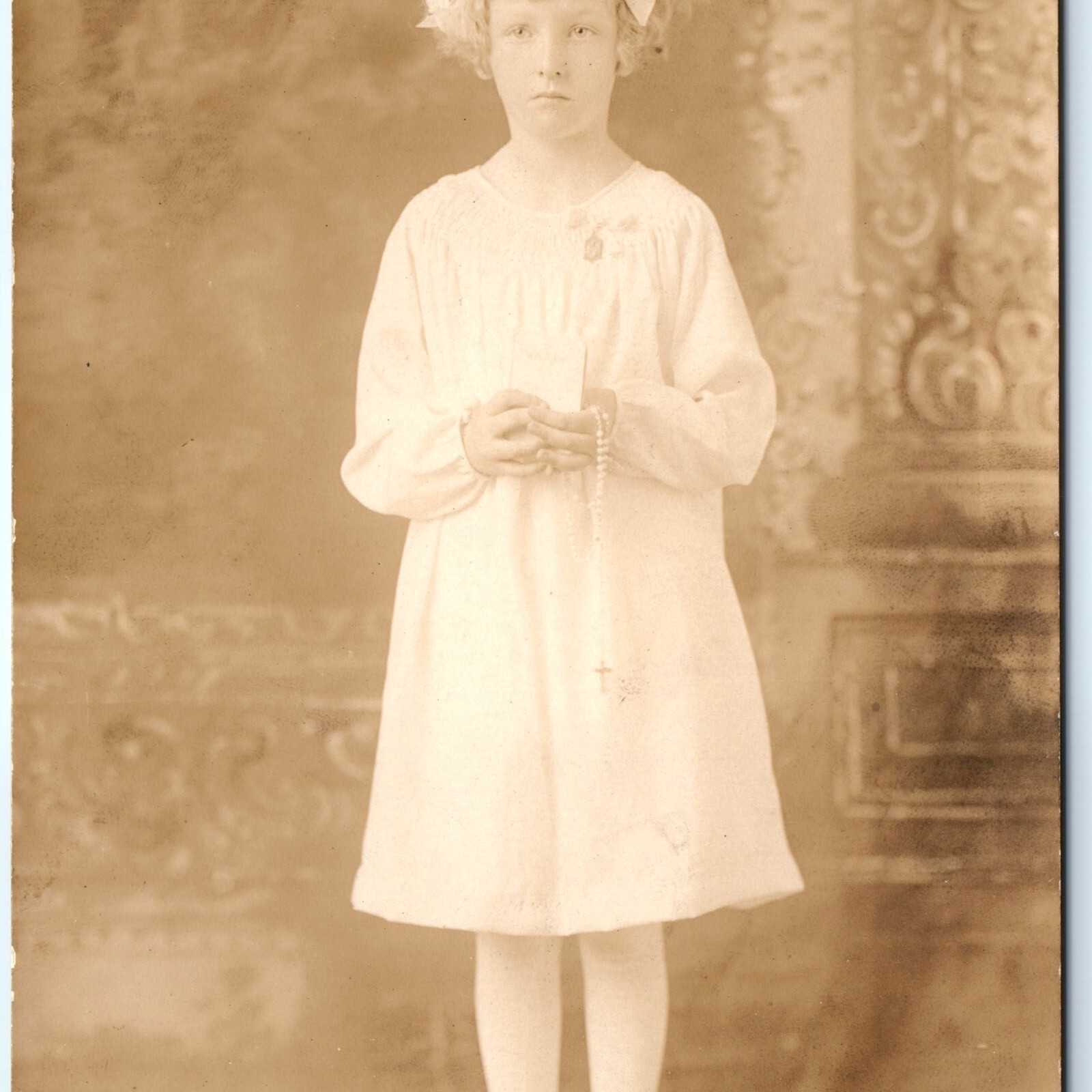 1929 Young Girl First Holy Communion RPPC Bible Rosary Dress Floral Crown Photo