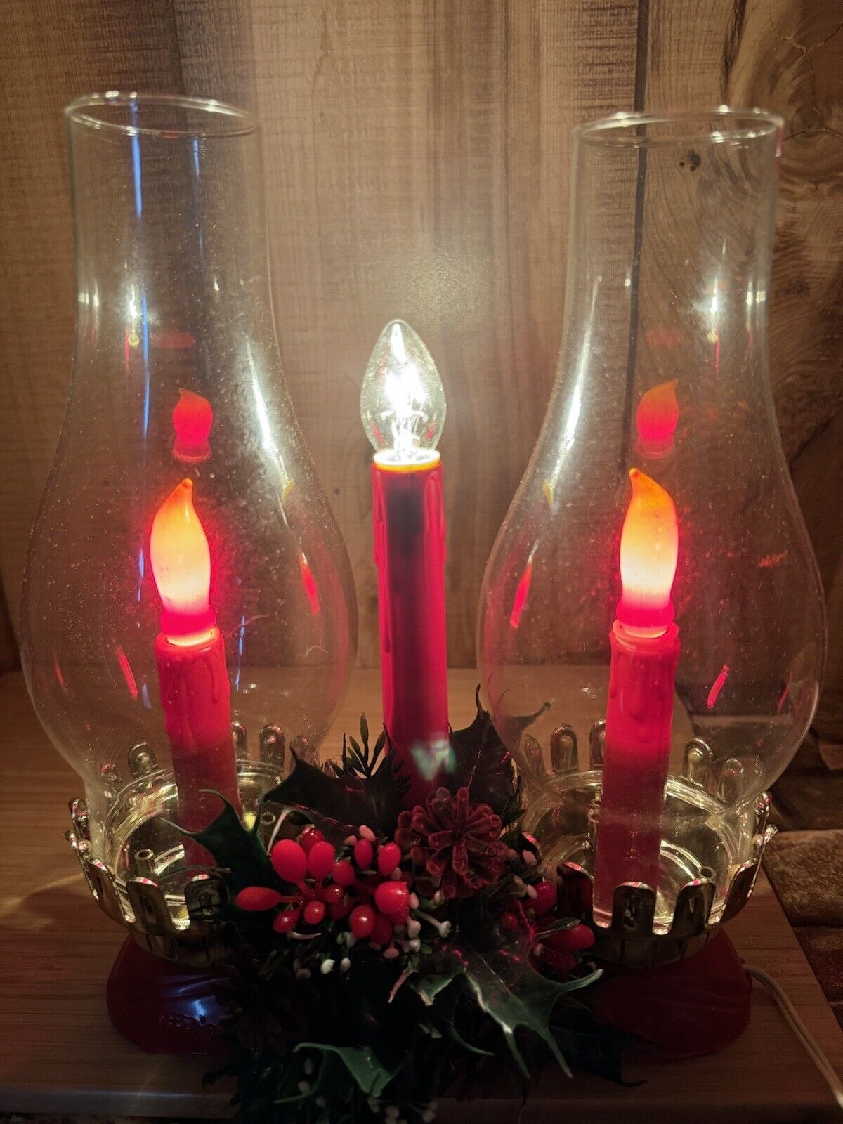 Vintage Electric Candle Centerpiece Timco Hurricane Globe Red Christmas Lights