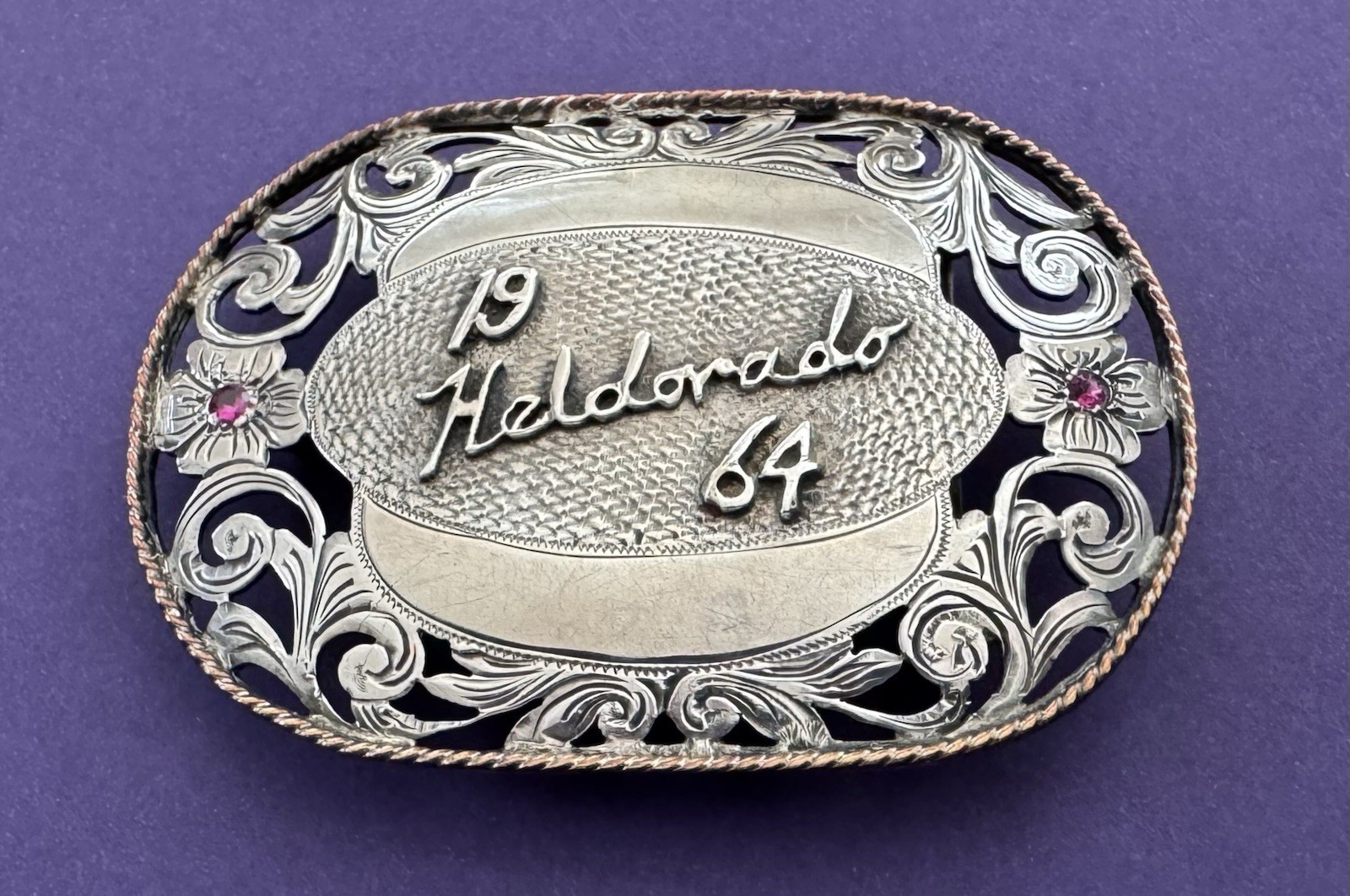 Rare Vintage 1964 HELDORADO Open Filigree Sterling Silver Gem Trophy Belt Buckle
