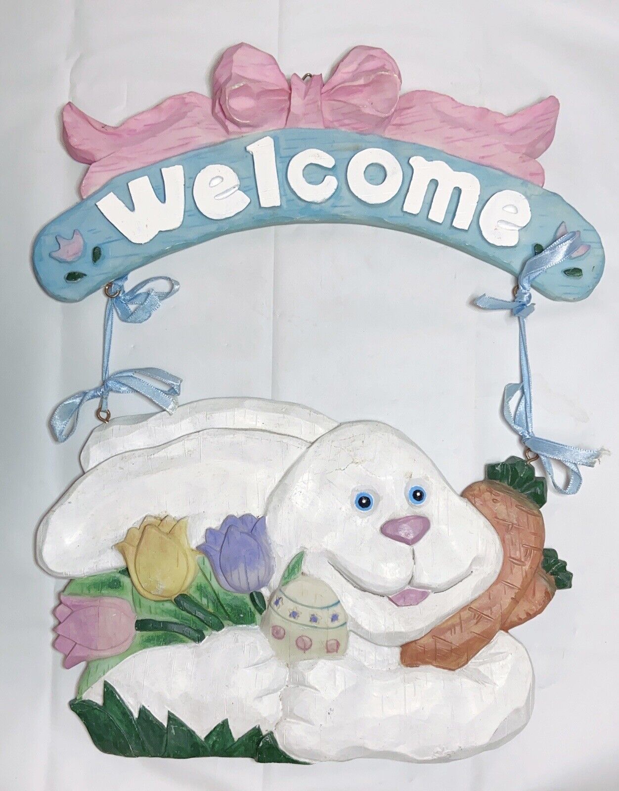 Vintage Easter Bunny Rabbit Welcome Door Hanger Wall Plaque Heavy Resin Spring