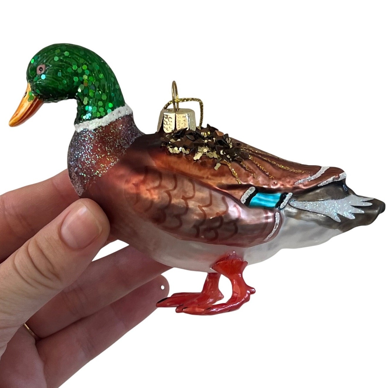 Blown Glass Mallard Duck Christmas Ornament Hand Painted Gold Glitter Hunting Blown Glass Mallard Duck Christmas Ornament Hand Painted Gold Glitter Hunting