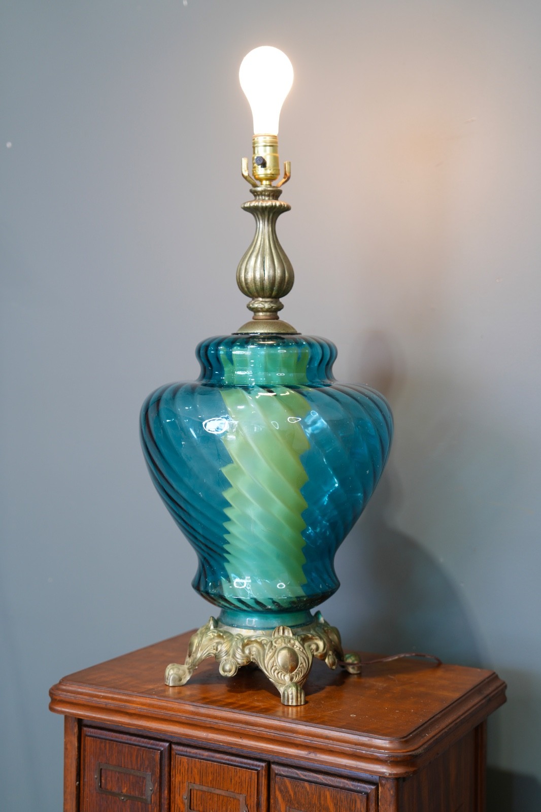 VTG MCM Hollywood Regency Glass Lamp Swag Retro Aqua Blue Glass Light Antique