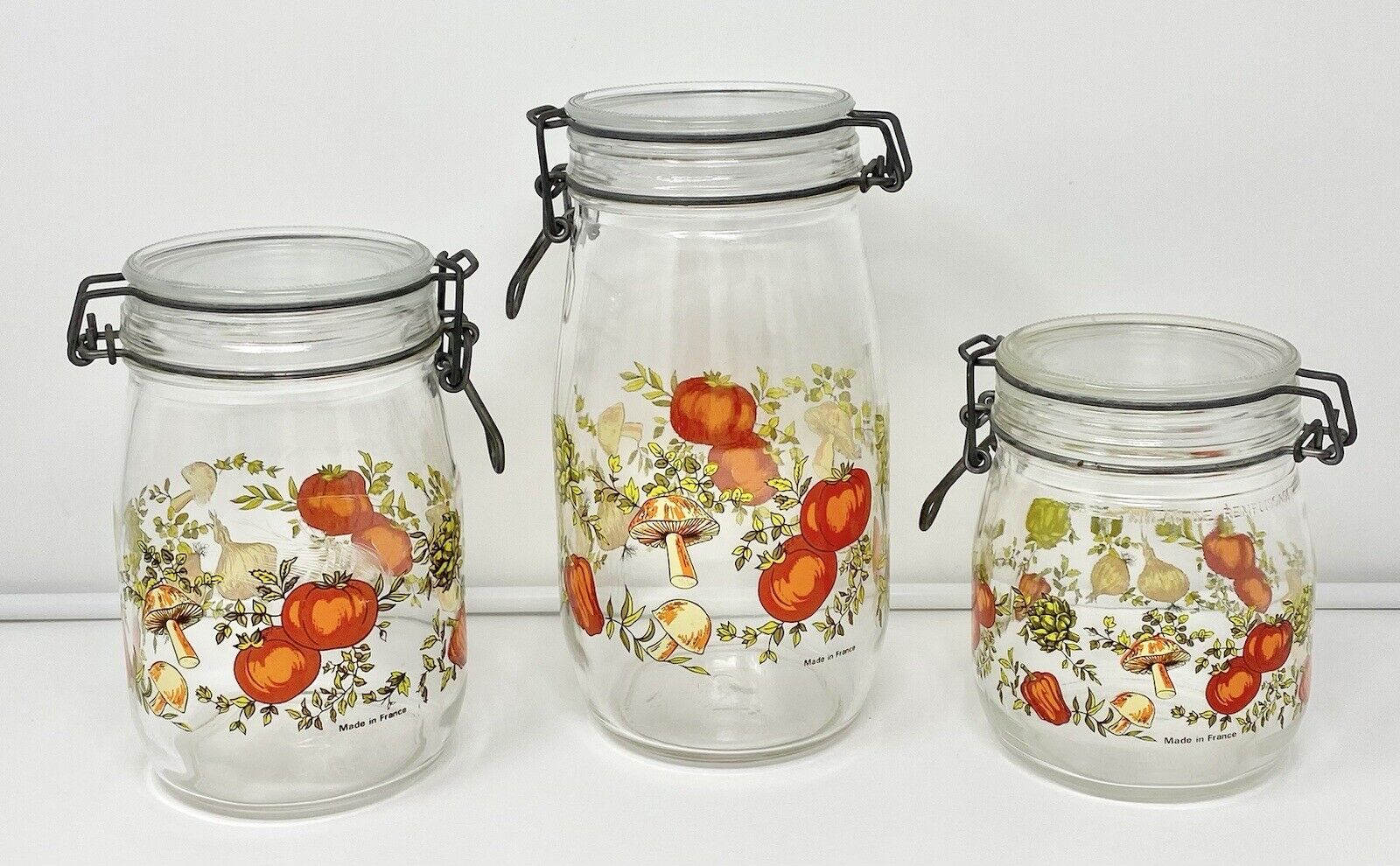 3 Vintage Arc Spice Of Life Glass Canister Jar Set France Mushroom Vegetables