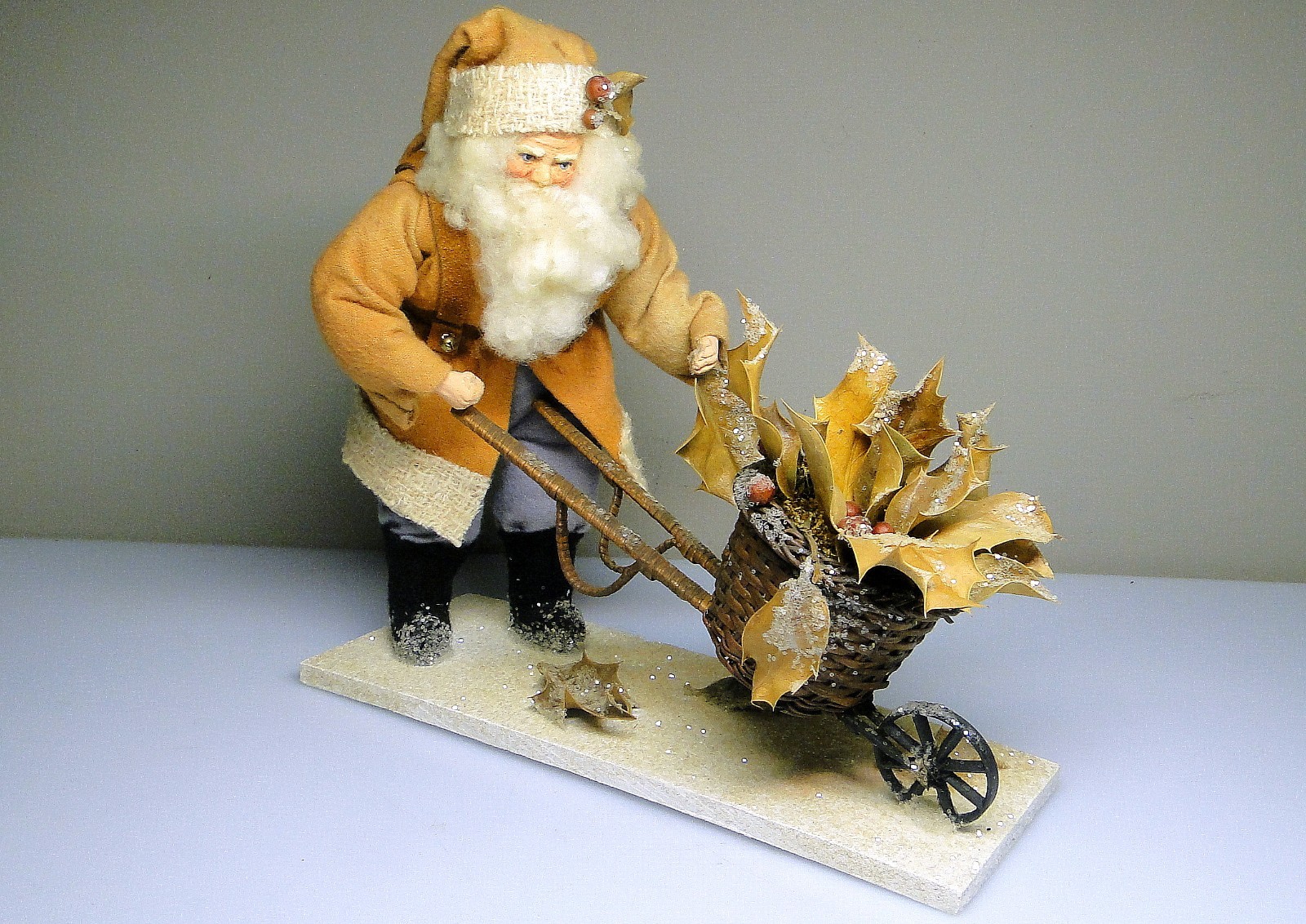 Vintage Santa Pushing Holly Wheelbarrow Ooak Artist Signed Christmas Decor