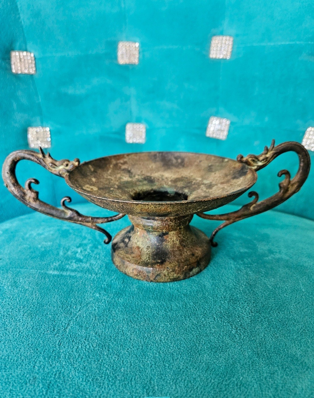 Vintage Bronze Two Handled Dragon Vessel