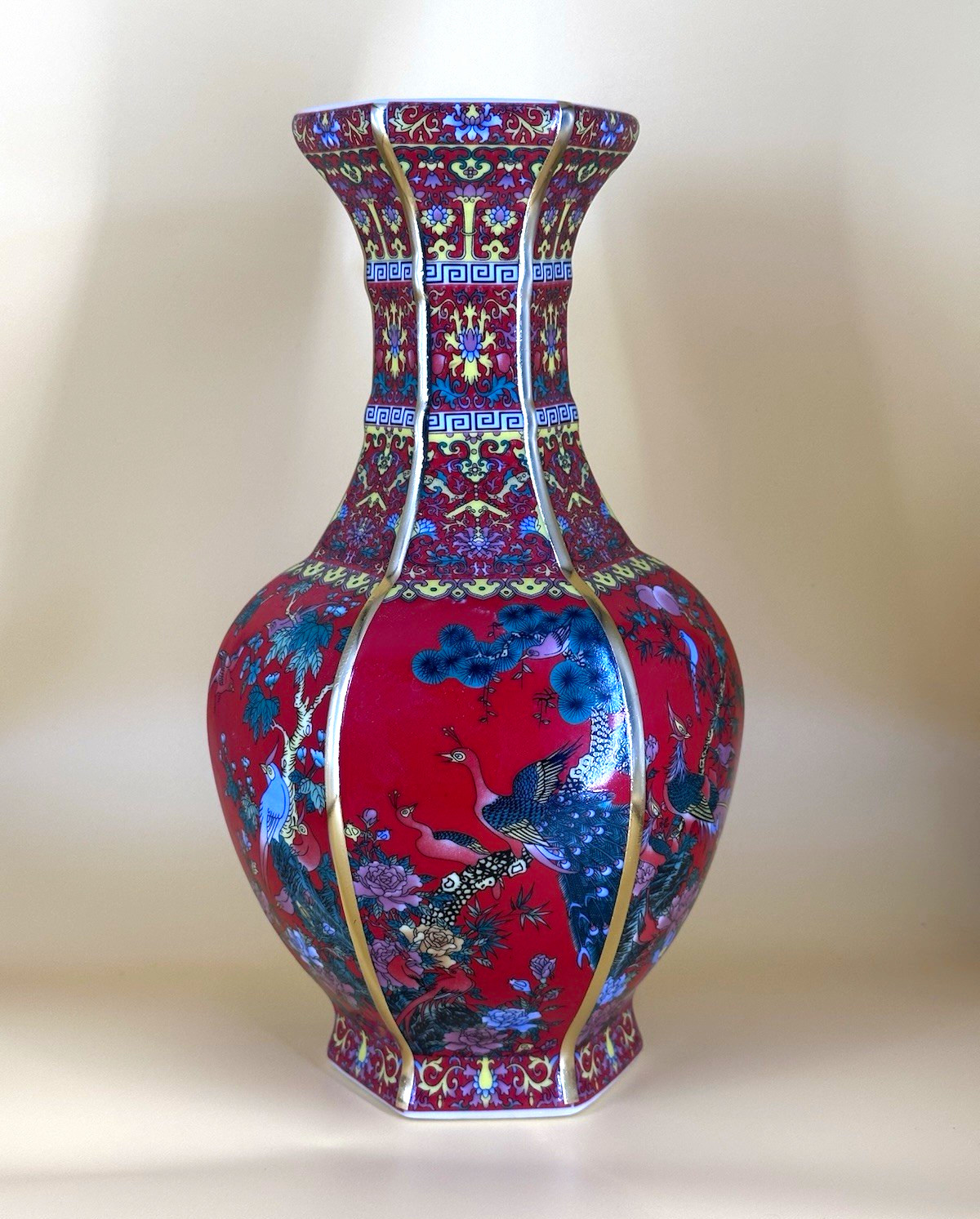 Stunning Chinese Porcelain Vase ,Vibrant Red Ground with Peacocks, Cranes & Bird