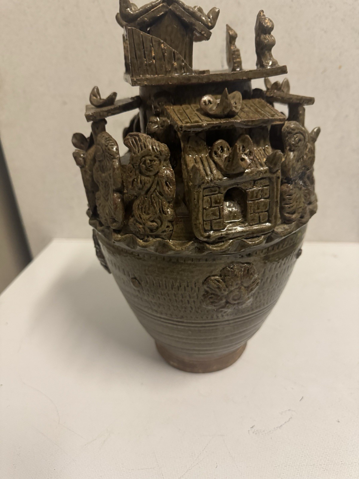 traditional Antique Chinese celadon-glazed ceramic funerary/spirit jar