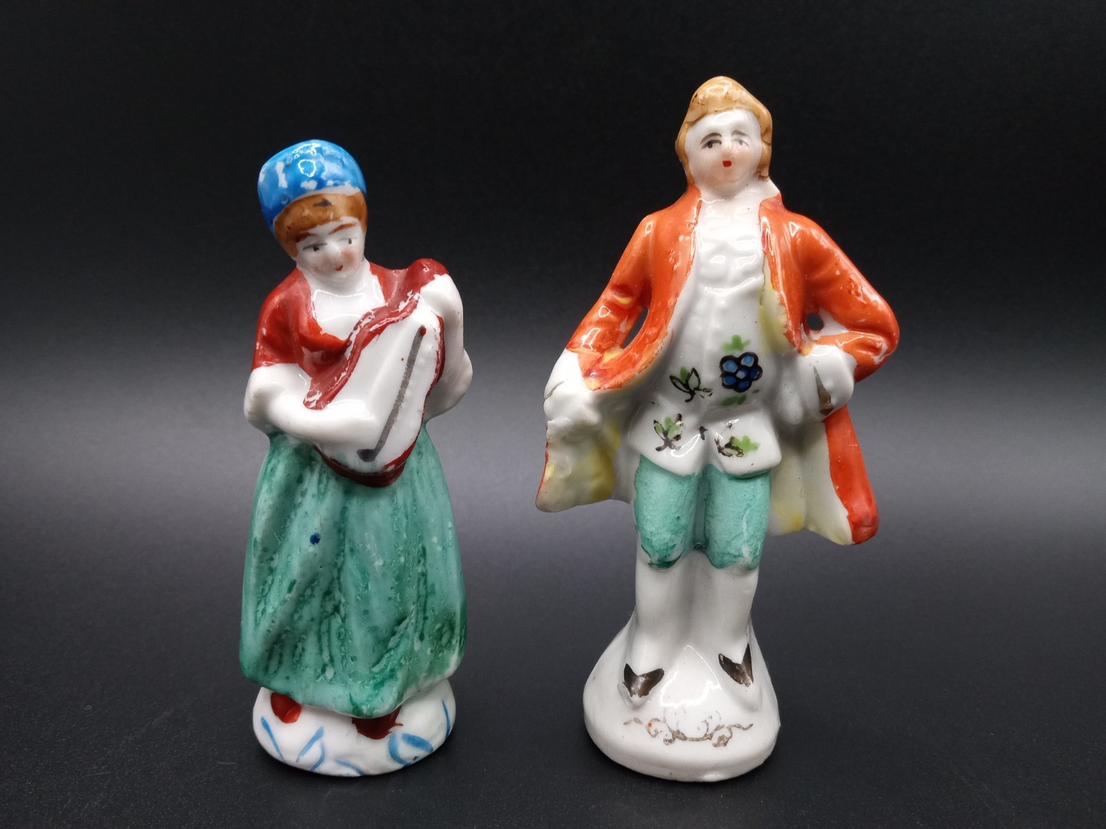 Vintage Occupied Japan Porcelain Figurines Man & Woman Tambourine Musical Set 3