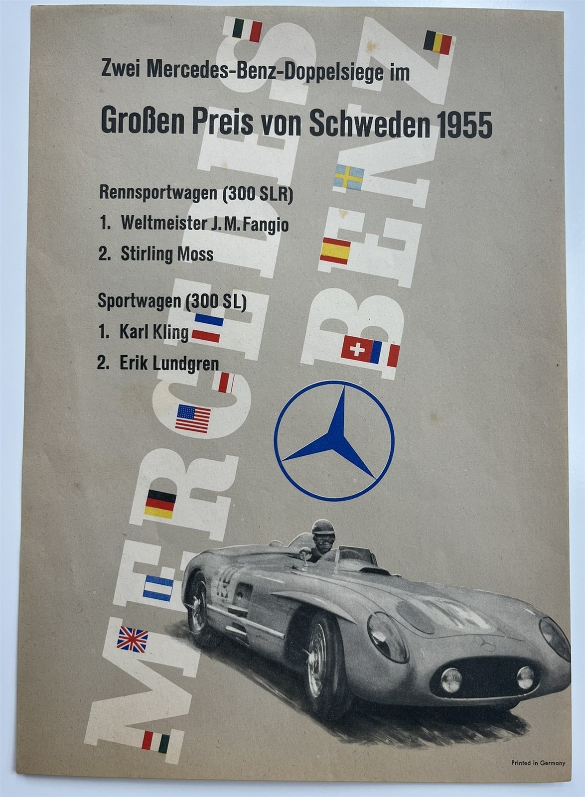 Poster Mercedes 1955 original victory poster Grand Prix Sweden Fangio Kling