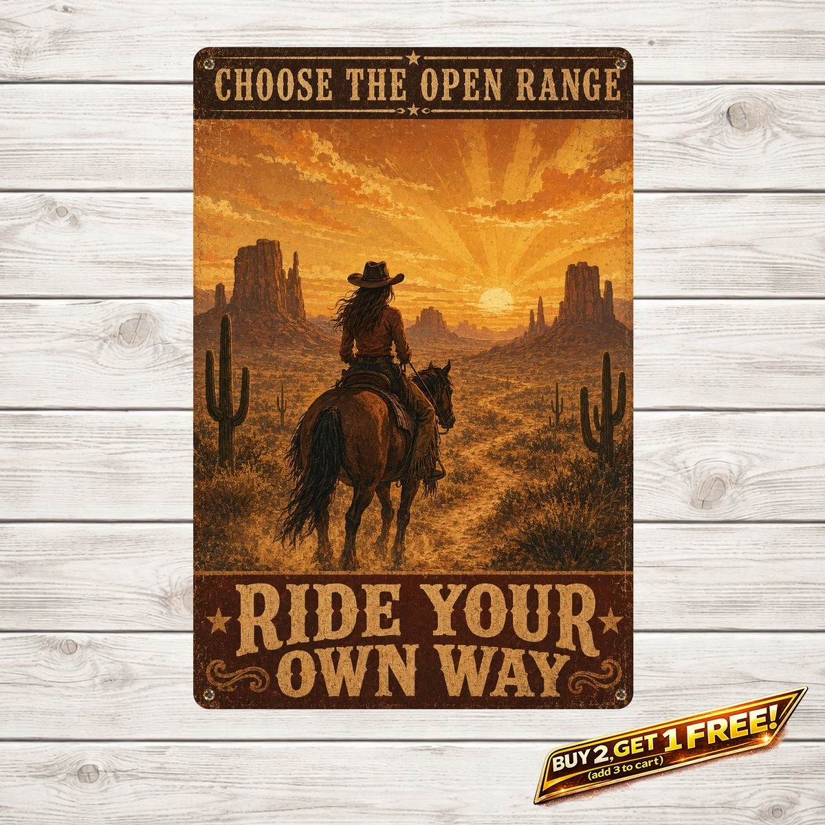 Cowgirl Riding Horse Sign Vintage Western Equestrian Metal Tin Wall Art