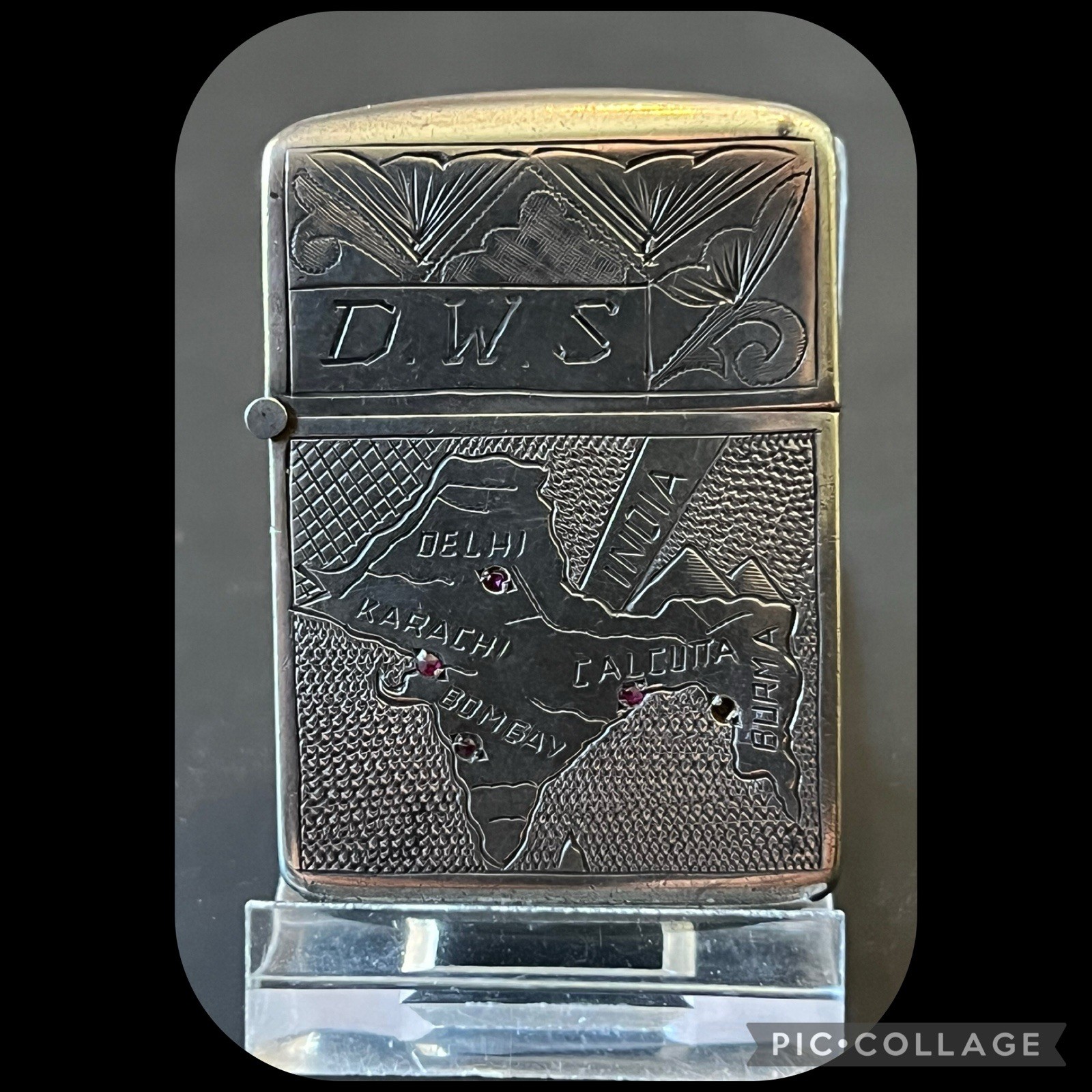 Rare WWII Trench Art Solid Silver Map Lighter-CBI Theater India Burma w/Rubies Rare WWII Trench Art Solid Silver Map Lighter-CBI Theater India Burma w/Rubies