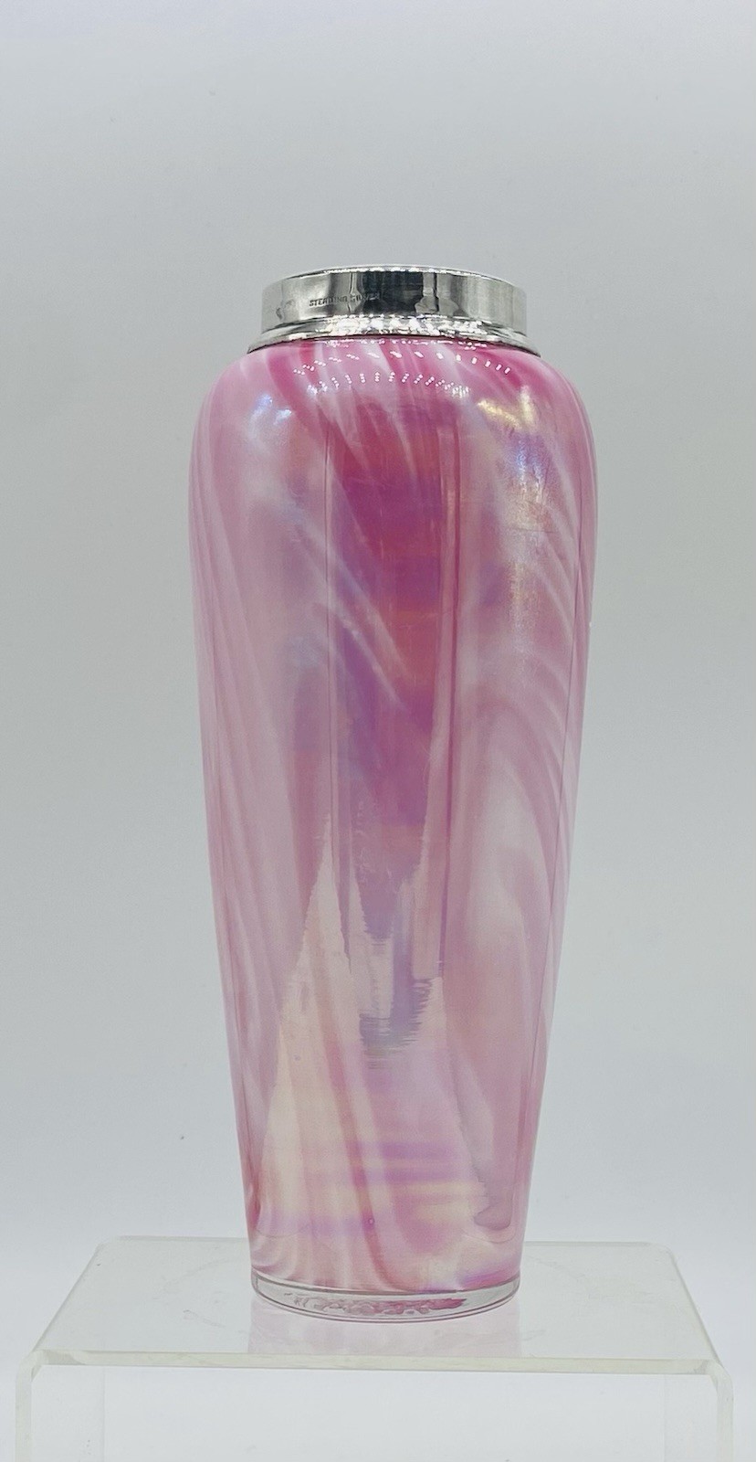Antique Iridescent Pink & White Marbled Glass Vase With Sterling Silver Collar