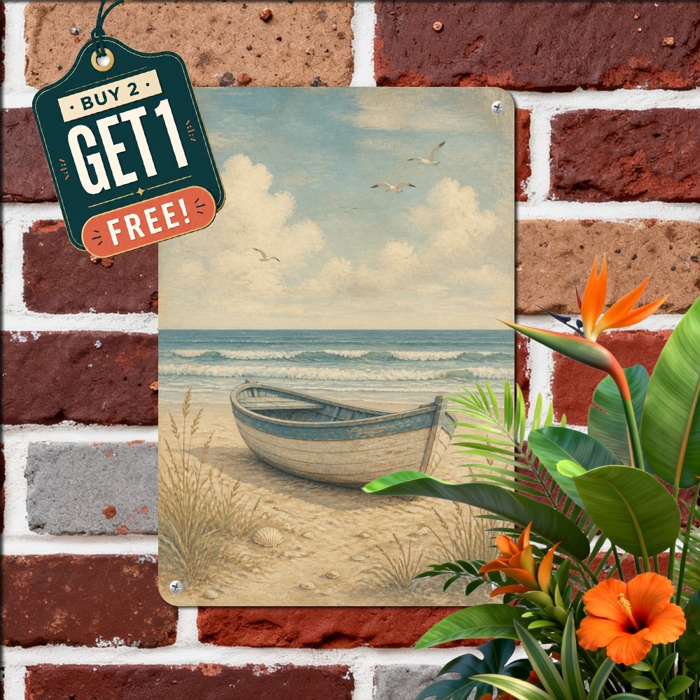Calm Ocean Shore Boat Seascape Sign Coastal Beach Seagulls Metal Tin Plaque