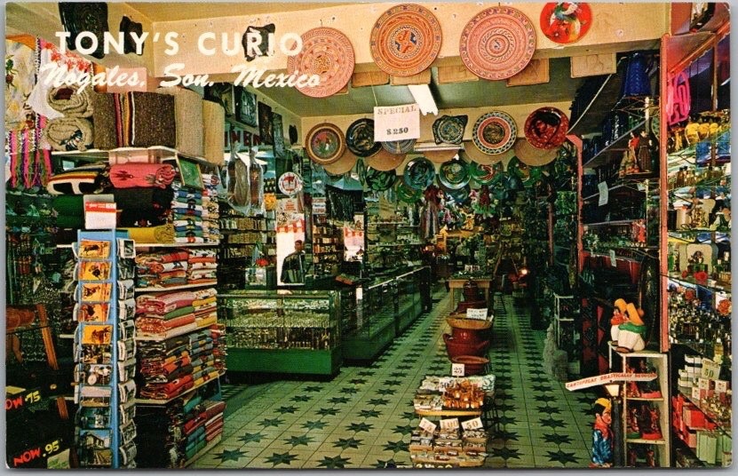 Vintage 1960s NOGALES, Sonora Mexico Postcard TONY'S CURIOS Store Interior View