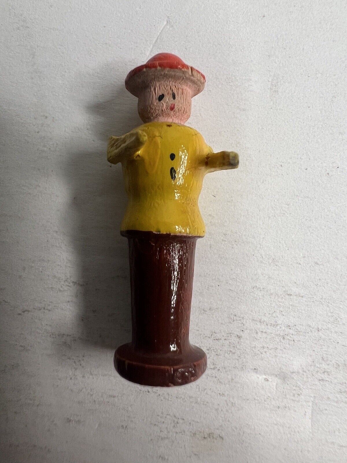 Vintage Wooden Figurine Man With Red Hat Yellow Coat
