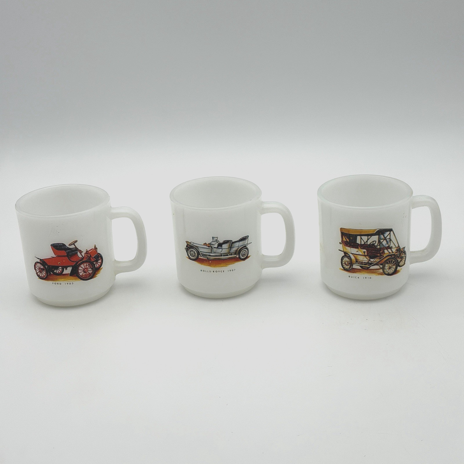 Vintage White Milk Glass Coffee Mugs Classic Antique Cars Set of 3