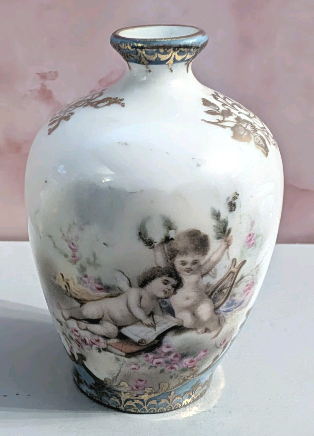 Prov Saxe E.S. Germany Antique Miniature Cabinet Vase Cherubs Turquoise Gold