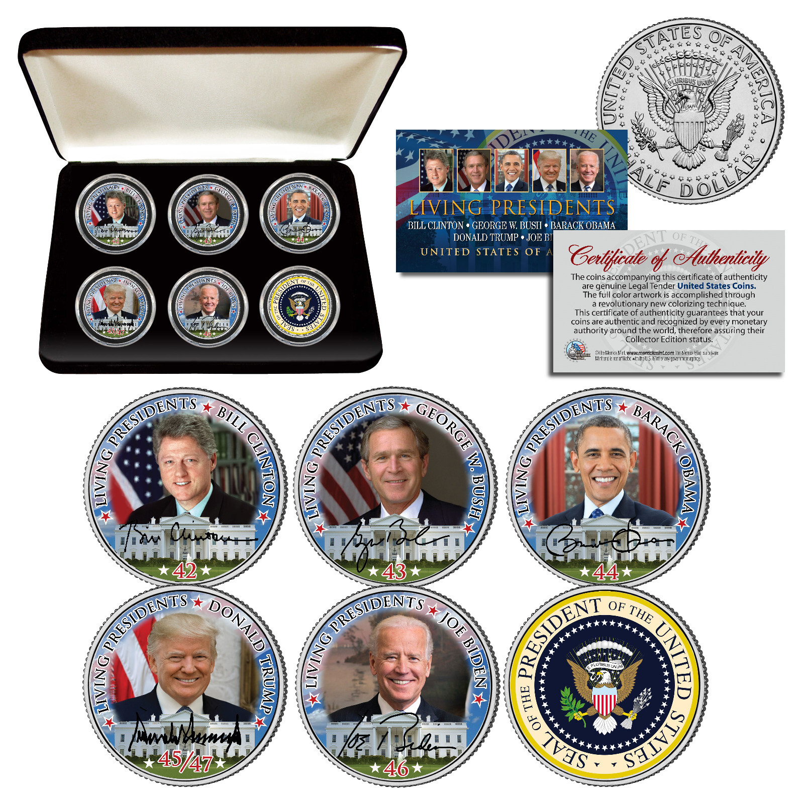 2025 LIVING PRESIDENTS Signature JFK Half Dollars 5-Coin Set & Bonus Coin w/ BOX