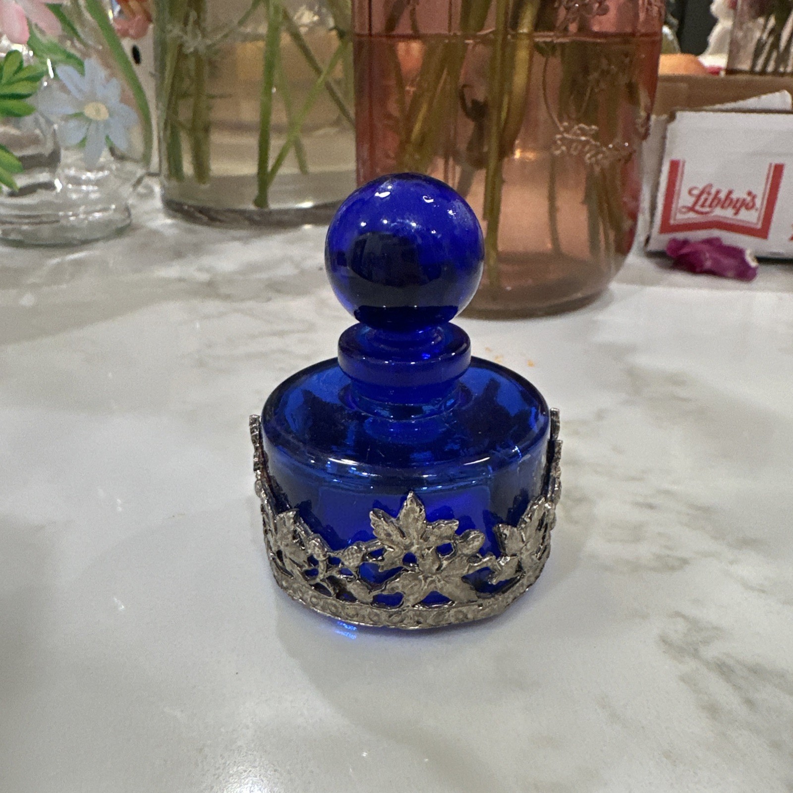Vintage Cobalt Blue Glass Perfume Bottle Pewter Accent Ornate Collectible