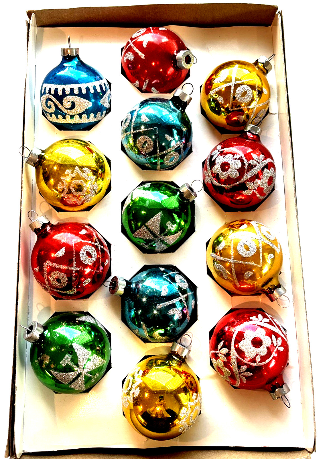 VTG '60s Rauch Glitter Stencil Mica Glass Christmas Ornament Box Lot of 13 MCM VTG '60s Rauch Glitter Stencil Mica Glass Christmas Ornament Box Lot of 13 MCM